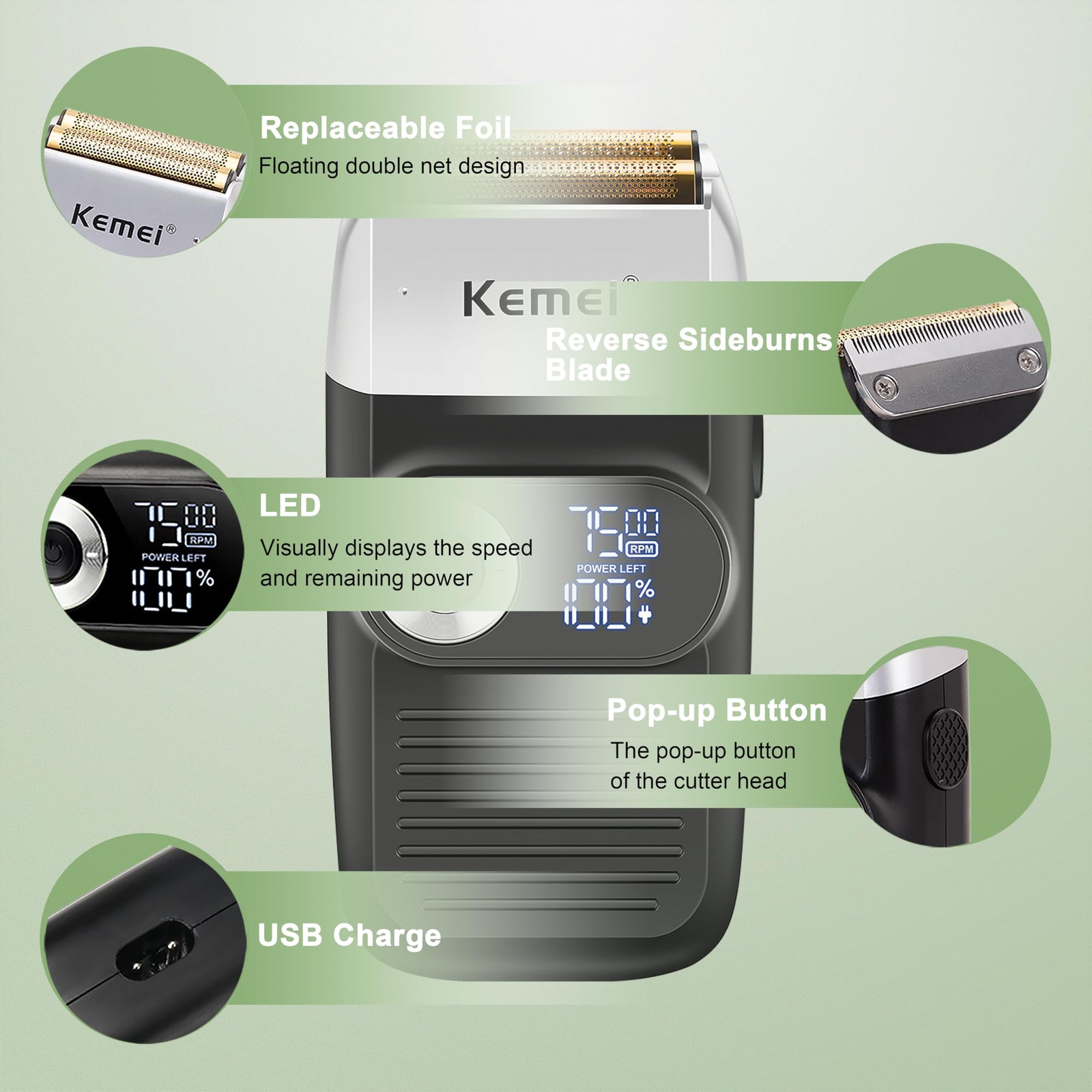 Kemei Foil Shavers for Men Electric Razor with Bald Trimming Cordless Electric Shavers with LED Display 2 in 1