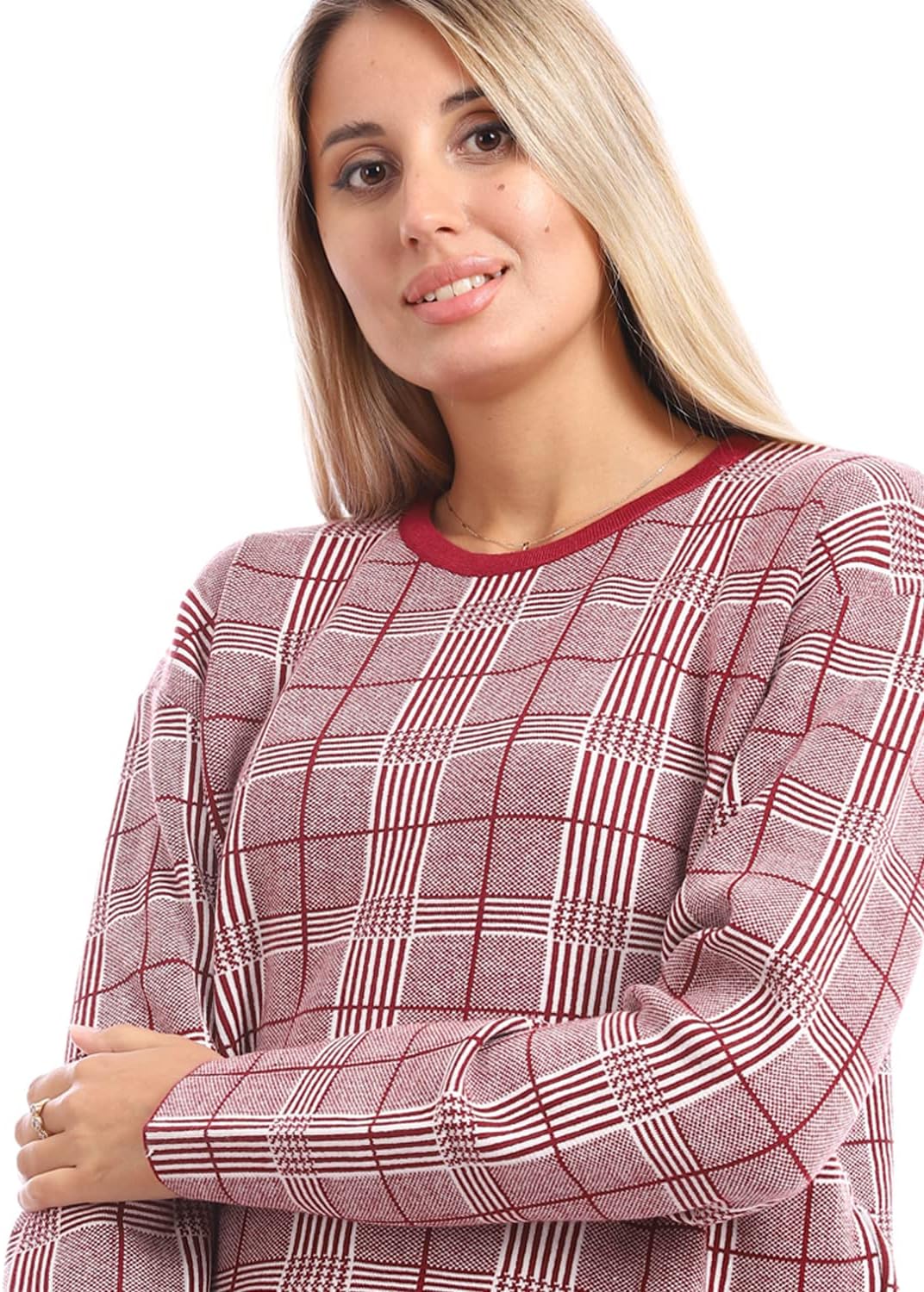 Andora Oversized Plaid Pullover - Round Neck, Burgundy, One Size