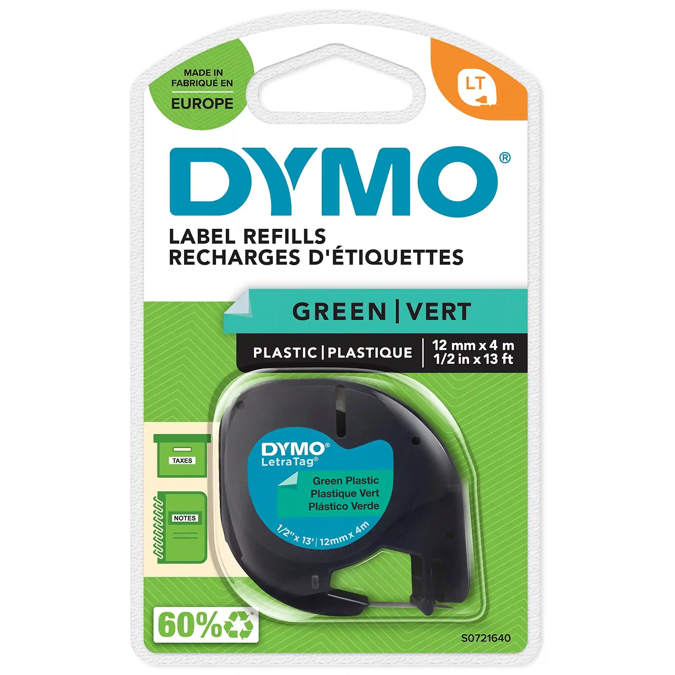 DYMO  Plastic Labels | Authentic | 12 mm x 4 m Roll | Black Print on Green Labels | Self-Adhesive Multipurpose Labels for Label Makers