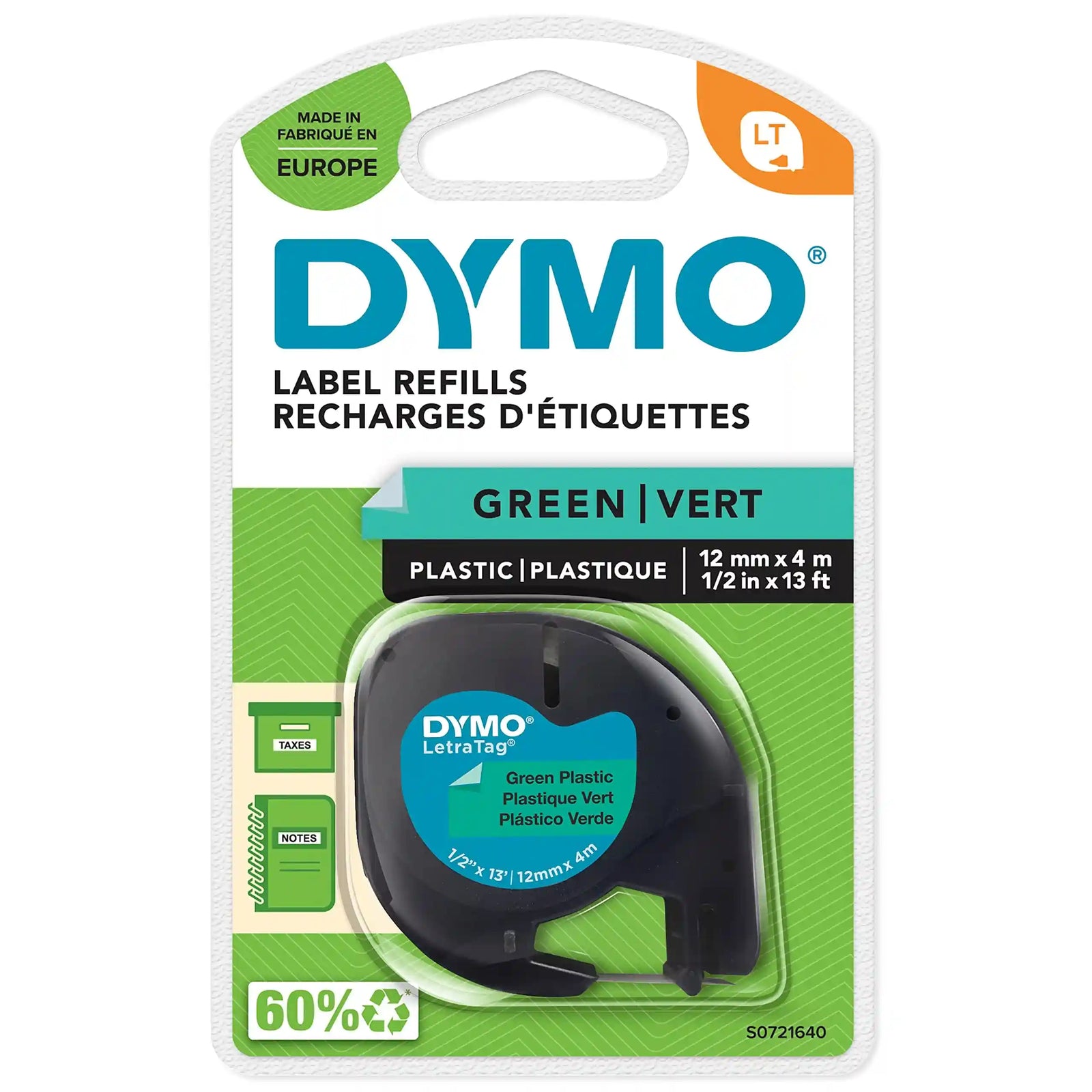 DYMO  Plastic Labels | Authentic | 12 mm x 4 m Roll | Black Print on Green Labels | Self-Adhesive Multipurpose Labels for Label Makers