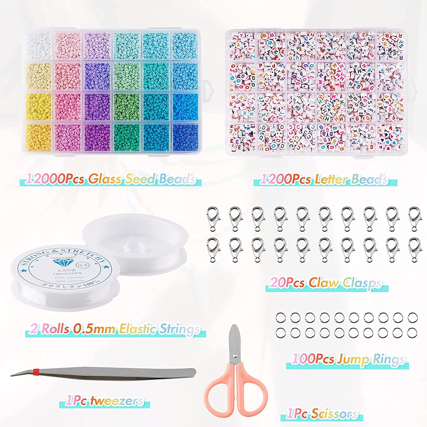 Tiokkss 12,000 Pcs Glass Seed Beads & 1,200 Pcs Alphabet Letter Beads Set – DIY Jewelry Making Kit
