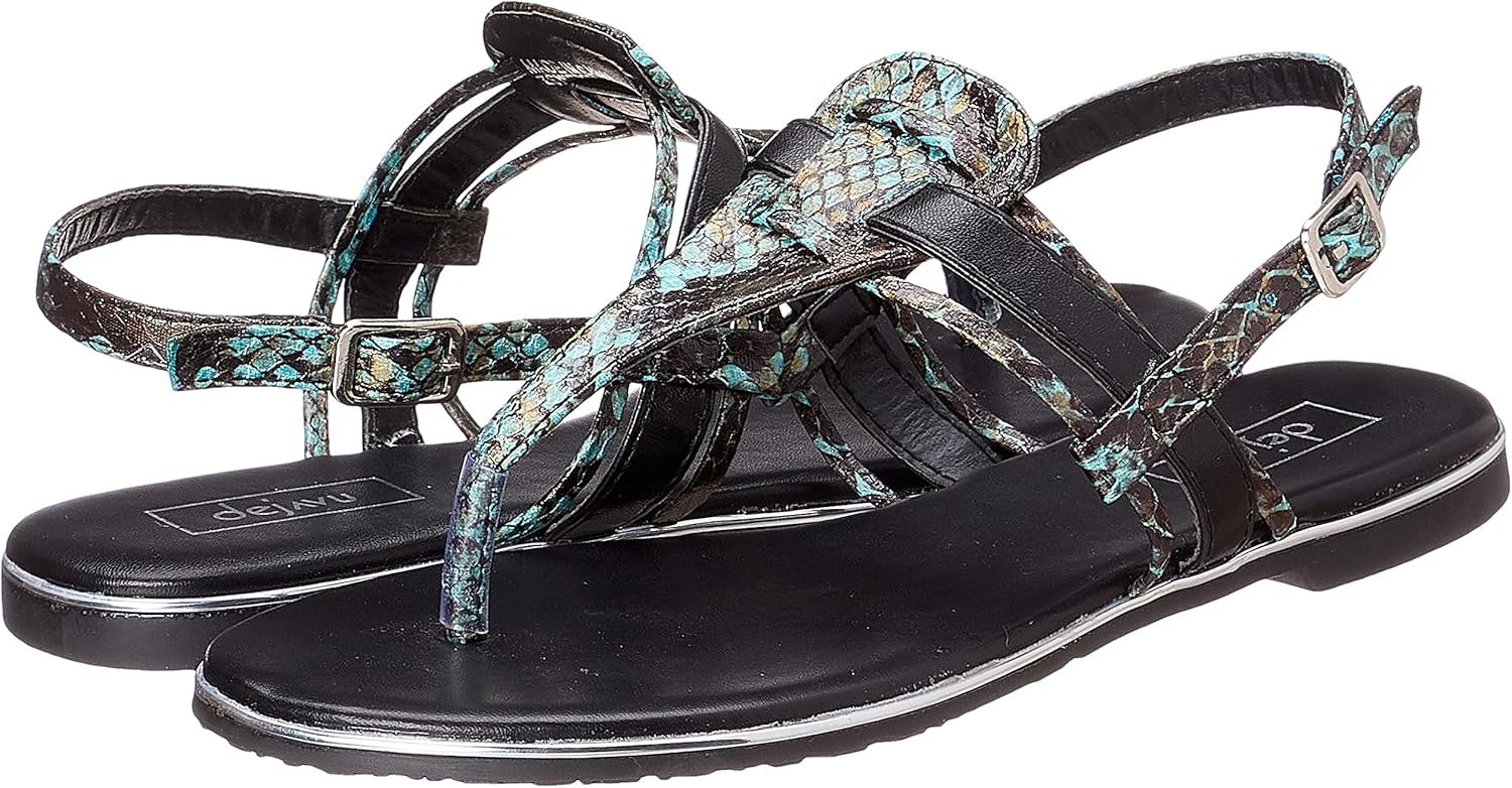 Dejavu Snake Embossed Faux Leather Buckle Ankle Strap Thong Sandals for Women