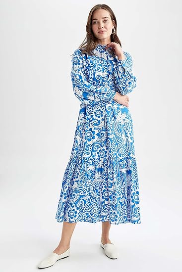 DeFacto Women's Long Sleeve Floral Printed Maxi Dress