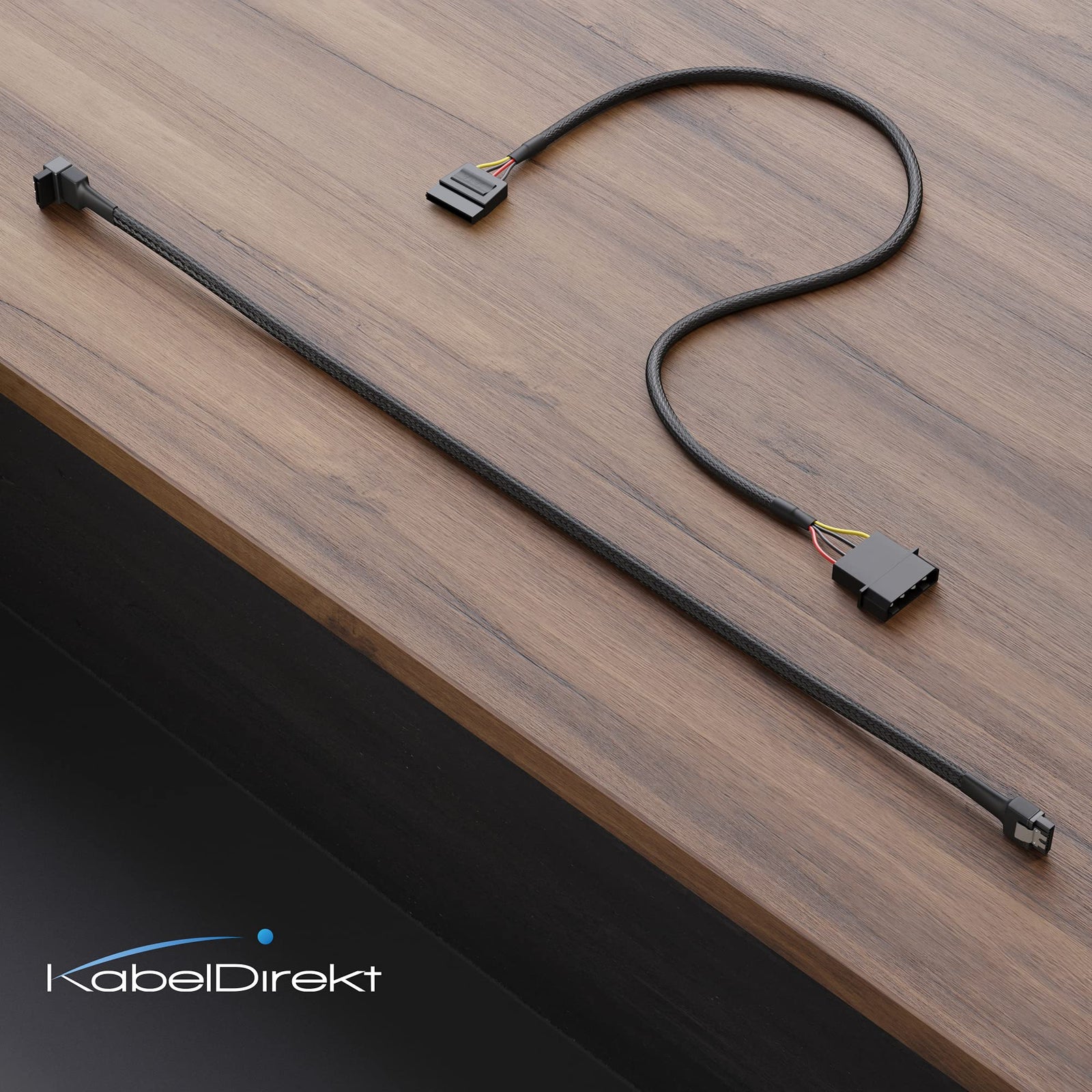 KabelDirekt 827 0.6m 30cm 4-pin Molex to 15-pin SATA power cable + 60cm 7-pin 3 data 6 Gbit/s angled 90 ° black