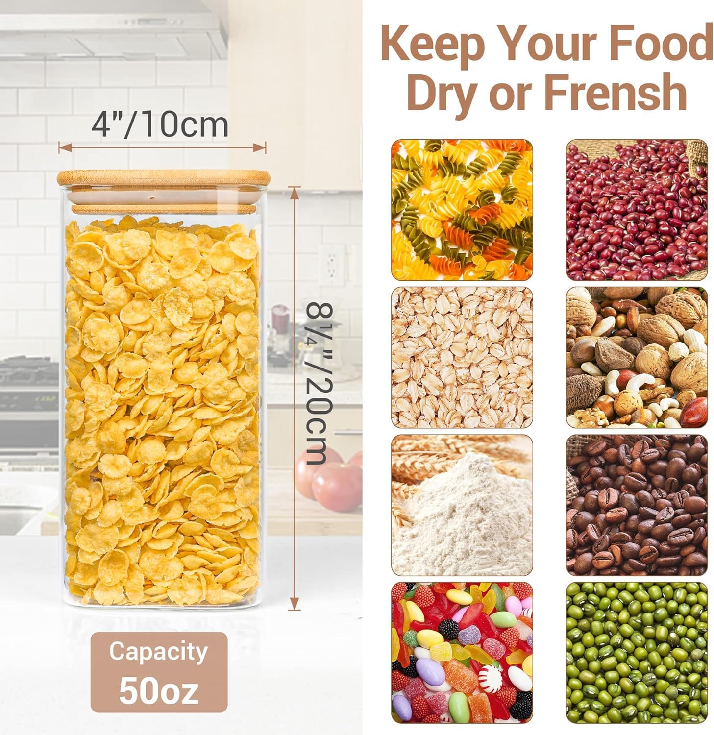 حافظ على مطبخك مرتبًا وأنيقًا مع علبة تخزين الطعام الزجاجية SKY-TOUCH بسعة ١٥٠٠ مل مع غطاء من الخيزران. هذه العلبة المربعة الشفافة مثالية لتخزين الأرز، والحبوب، والبسكويت، والحلويات، وغيرها من مستلزمات المطبخ.