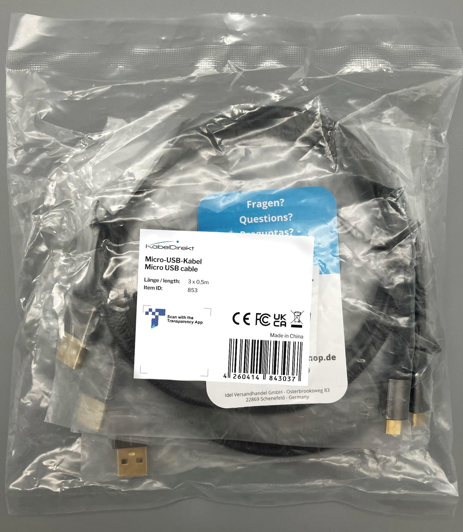 كابل Micro USB بطول 0.5 متر من KabelDirekt 853 (USB 2.0، كابل مزامنة وشحن، نايلون) سلسلة PRO - عبوة من 3 قطع - أسود