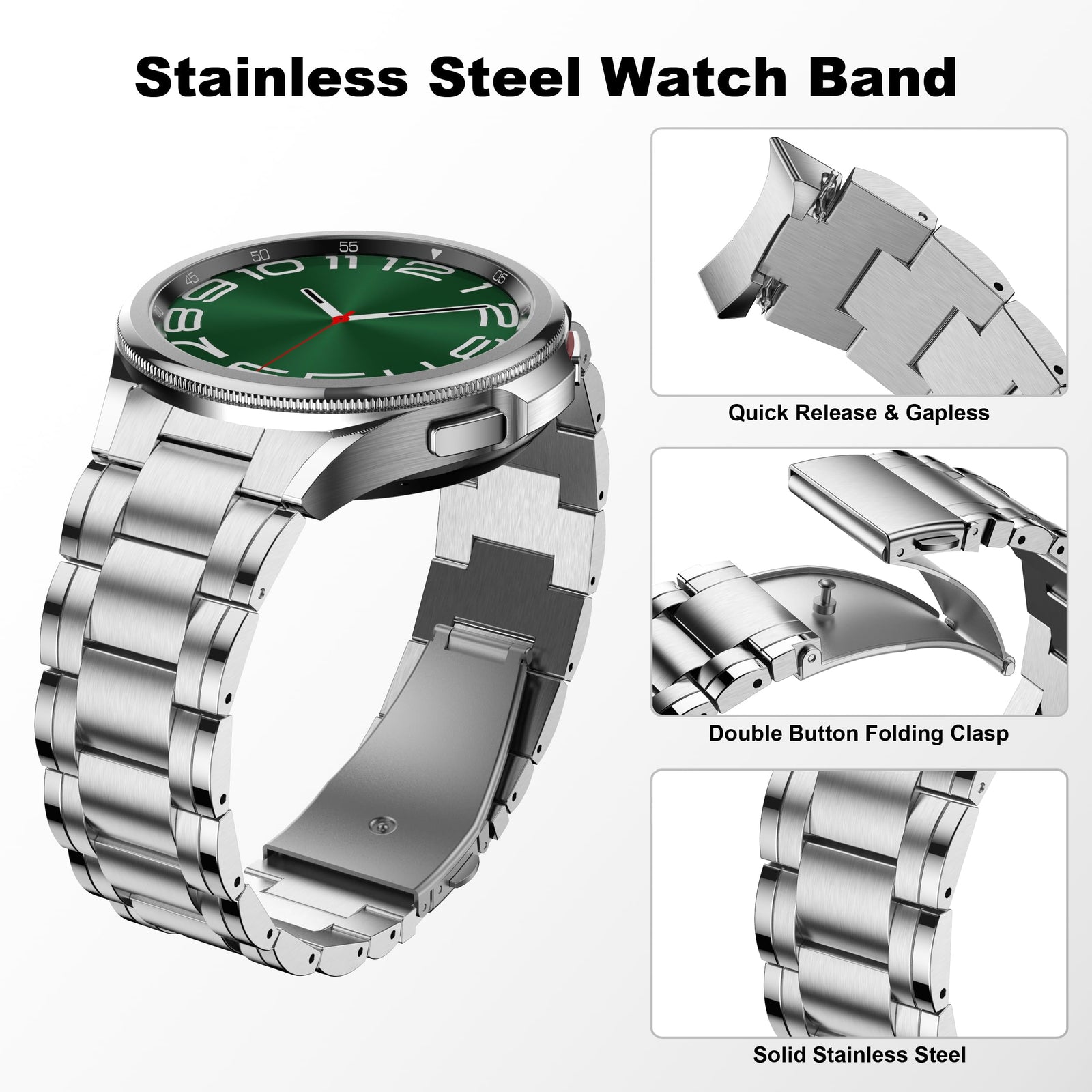 BAIHUIAM No Gap Metal Band for Samsung Galaxy Watch 6 Classic  – Men’s Solid Stainless Steel Business Replacement Strap