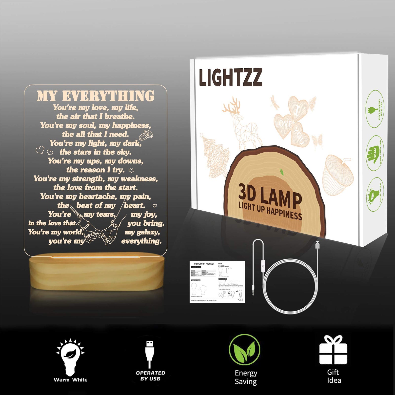 Lightzz Sulfar 3D Illusion Lamp I Love You Night Light You are My Everything Gifts for Wife Husband Anniverysary Birthday Valentines Day