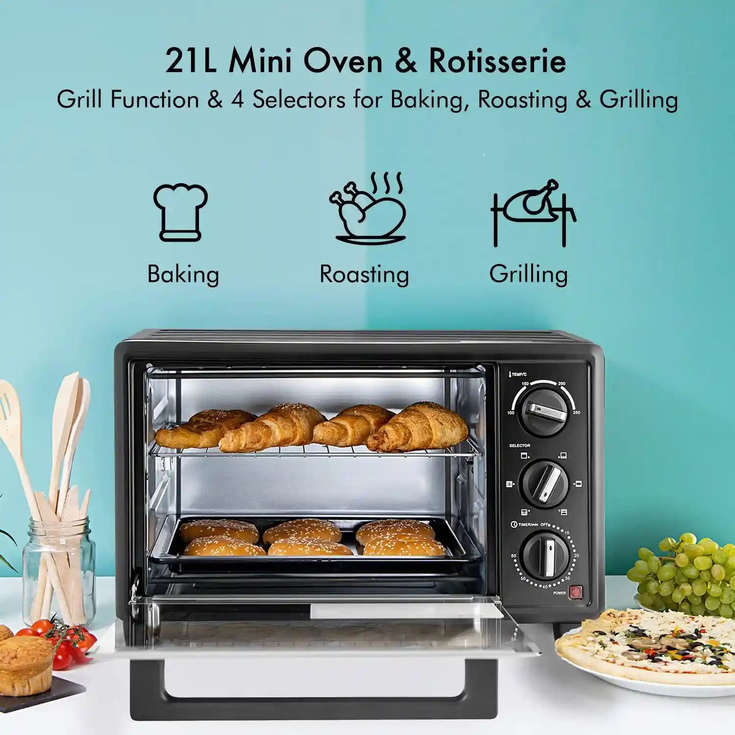 Geepas GO4464 25L Electric Oven With Rotisserie- 1600W power, 6 Stages Heating Selector-There is a hit at the top of the device.