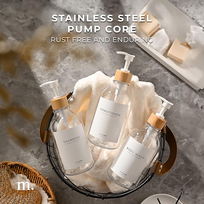 زجاجات موزع الشامبو والصابون مع مضخة الاستحمام من MaisoNovo (عدد 3 زجاجات) للحفاظ على حمامك منظمًا وبمظهر أنيق.