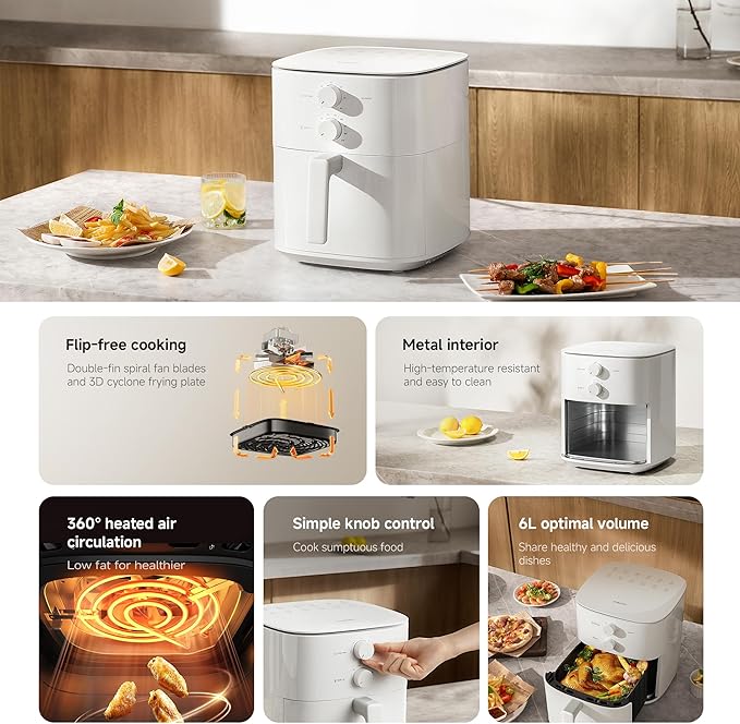 قلاية هوائية من ماركة Xiaomi سعة ٦ لتر بشاشة لمس وطهي ٣٦٠ درجة لون أبيض