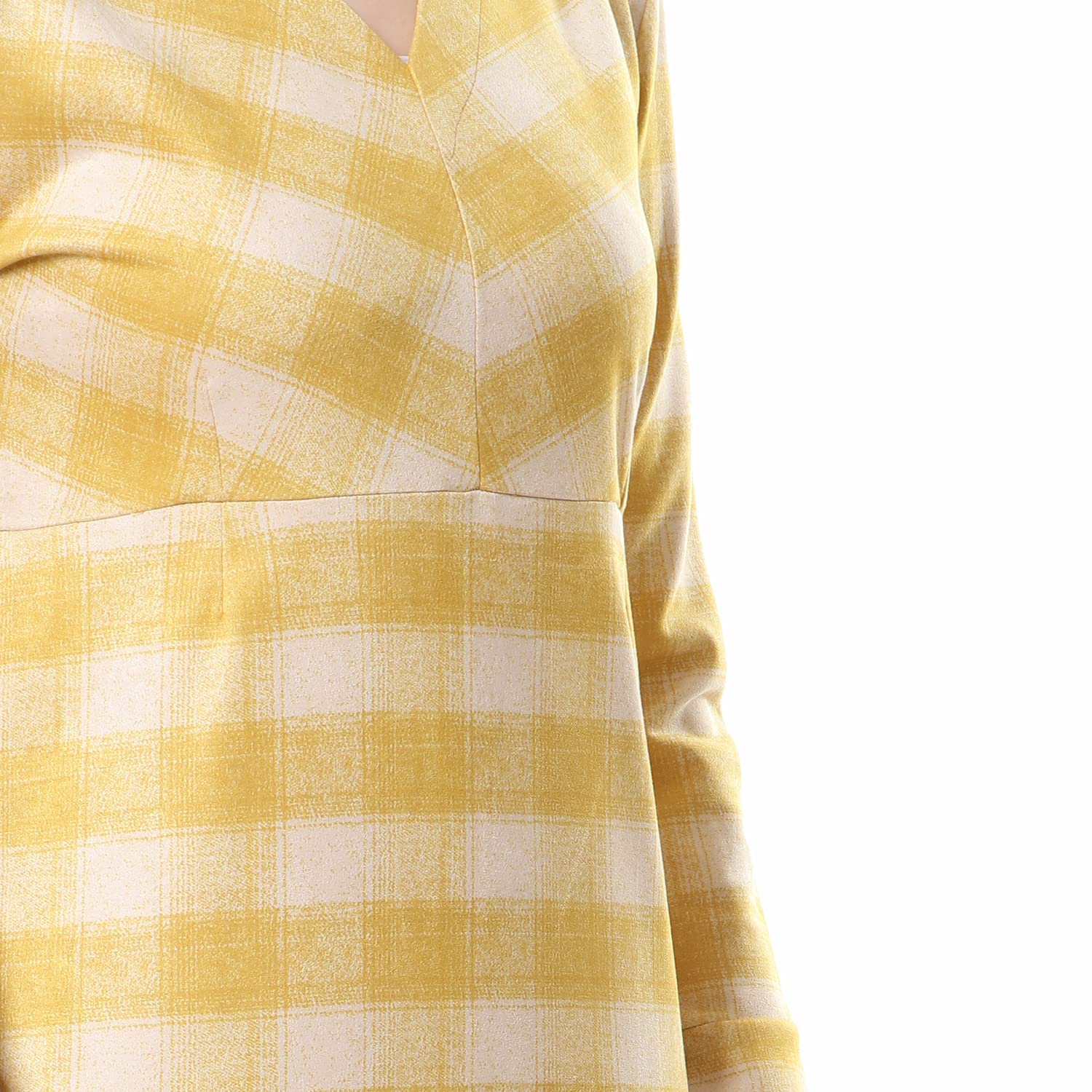 Andora Women's V-Neck Long Sleeves Plaid Dress - Light Yellow Casual Dress