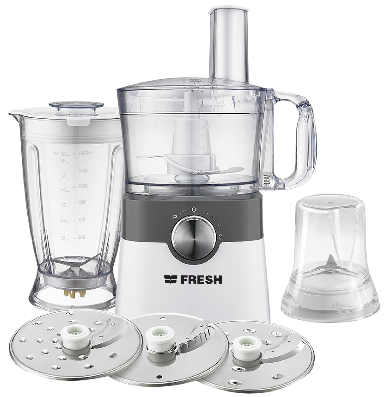 خلاط الطعام فريش FP402 7 في 1 بقوة 1000 واط. هذا الجهاز متعدد الاستخدامات يجمع بين عدة وظائف في تصميم واحد مدمج، مثل التقطيع، التقطيع إلى شرائح، البَشر، الخلط، العجن