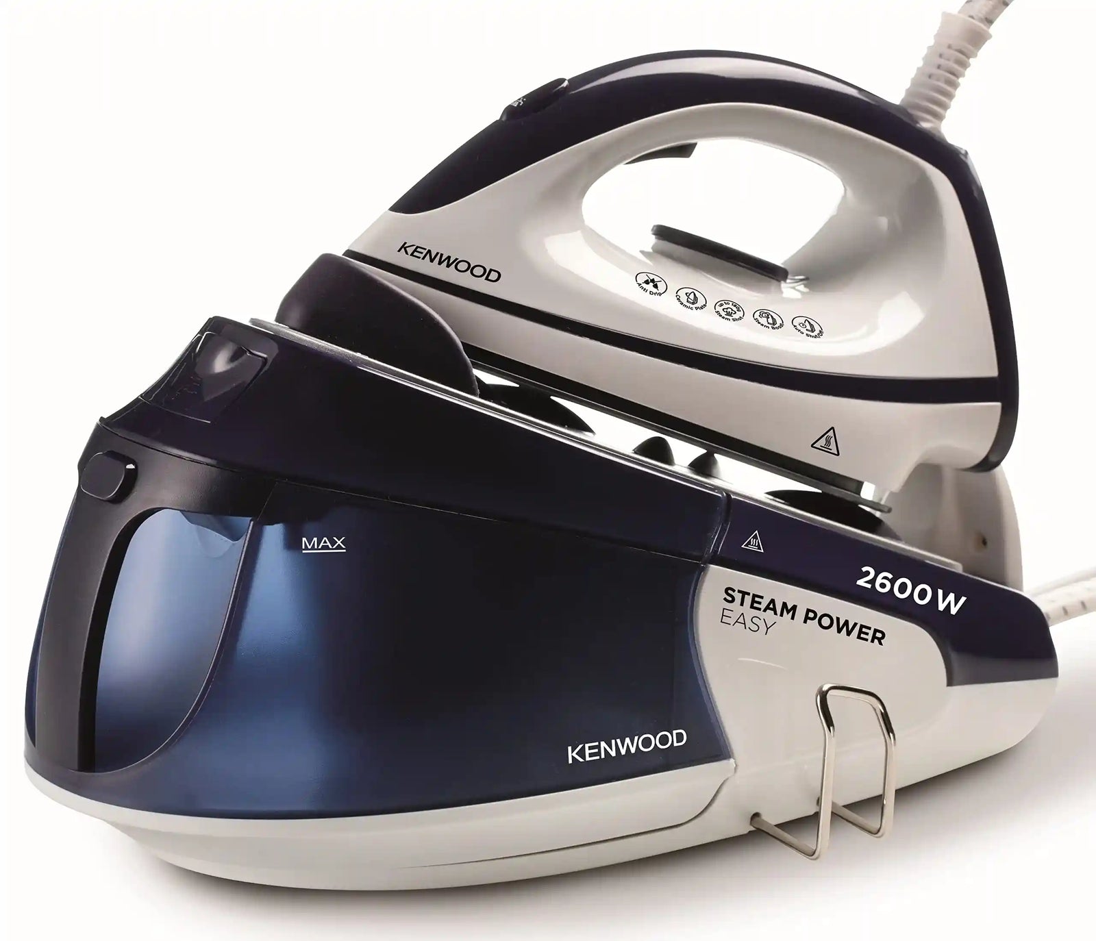 Kenwood 2600W Steam Station Iron – 1.8L Tank, Ceramic Soleplate, 180g Steam Boost, Anti-Drip, Auto Shut-Off, Self-Clean – White/Blue (SSP20.000WB)- Scratches And DAMAGE Box - Safqqa Egypt