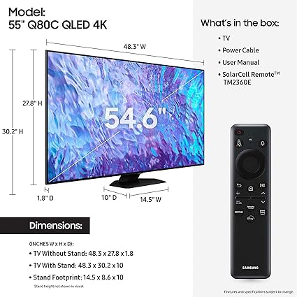 تلفزيون سامسونج فئة QLED 4K Q80C Series Quantum HDR+ مقاس 55 بوصة، Dolby Atmos Object Tracking Sound Lite، Direct Full Array، Q-Symphony 3.0، مركز ألعاب، تلفزيون ذكي مع Alexa مدمج (QN55Q80C، موديل 2023)