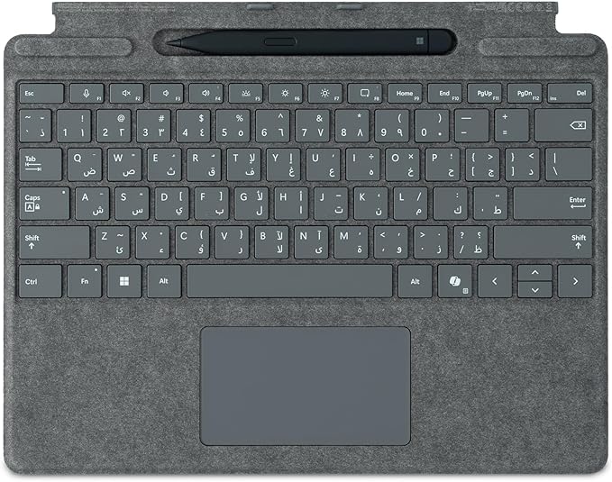 لوحة مفاتيح من ماركة مايكروسوفت مع مكان لحفظ القلم متوافقة مع Surface Pro باللغتين العربية والإنجليزية لون رمادي – Safqqa Egypt