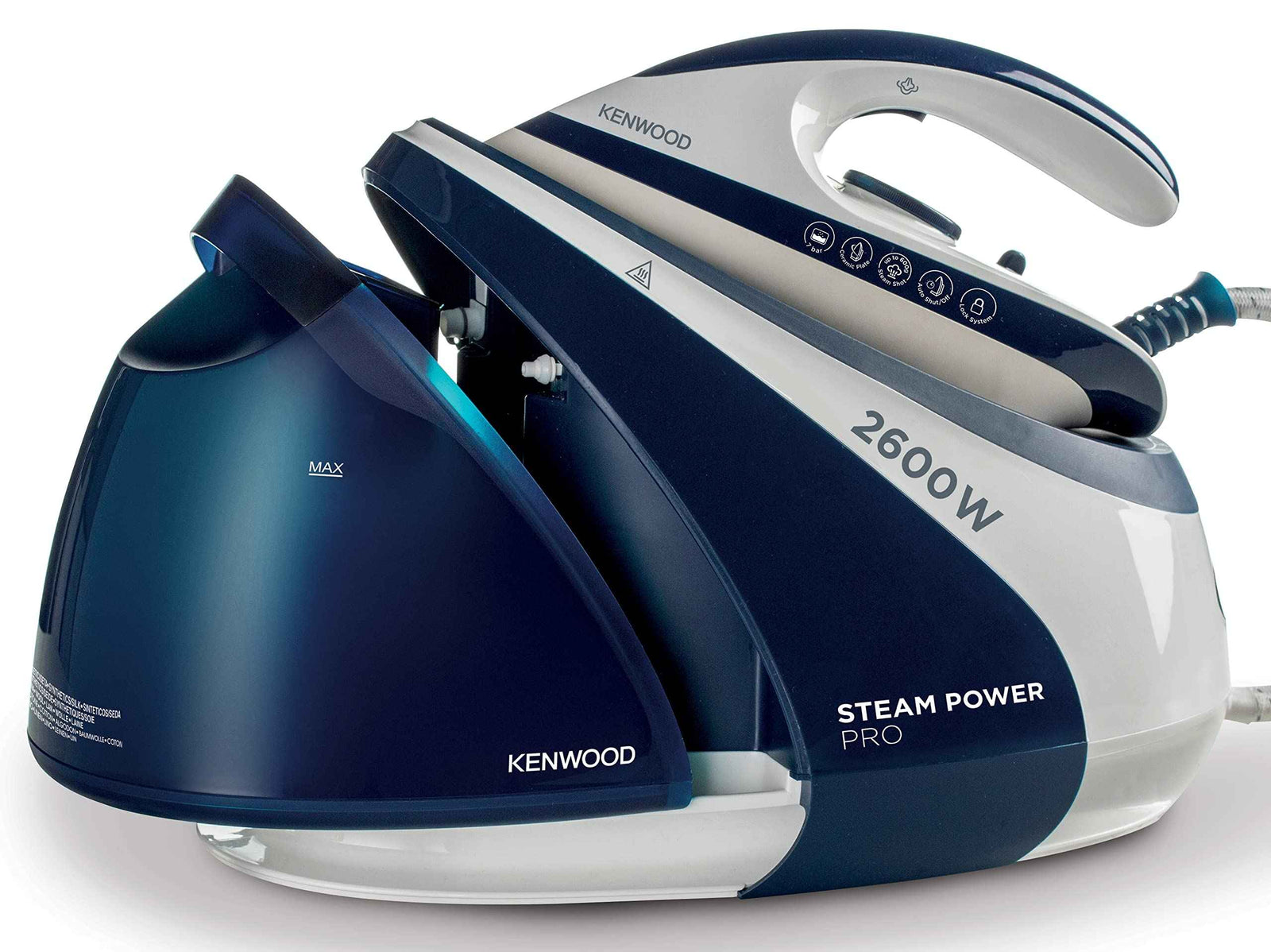 Kenwood Steam Iron Steam Station 2600W With 1.8L Water Tank Capacity, Ceramic Soleplate, 7 Bar Boiler Pressure, 600G Steam Shot, Anti Drip, Auto Shut Off, Self Clean Ssp70.000Wb White/Blue - There are scratches and the box is damaged - Safqqa Egypt