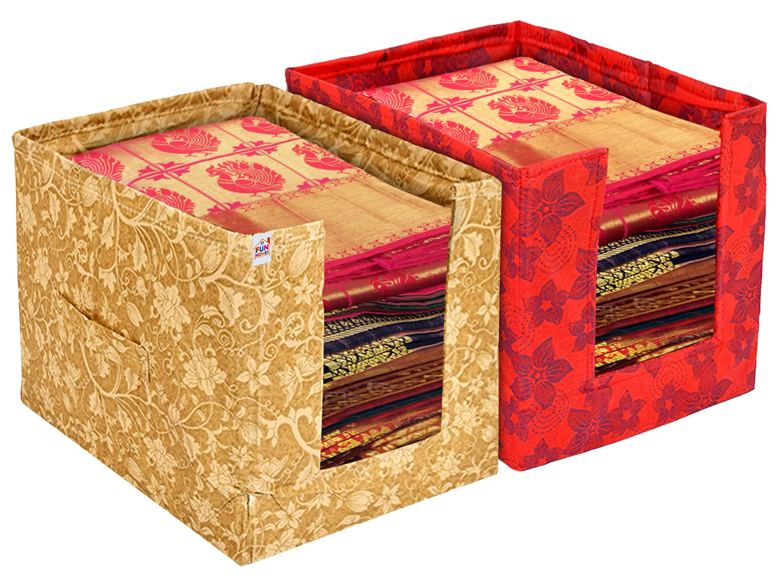Fun Homes Metalic Flower Print Foldable Rectangle Cloth Saree Stacker Cloth Wardrobe Organizer- Pack of 2 (Beige & Red) - Safqqa