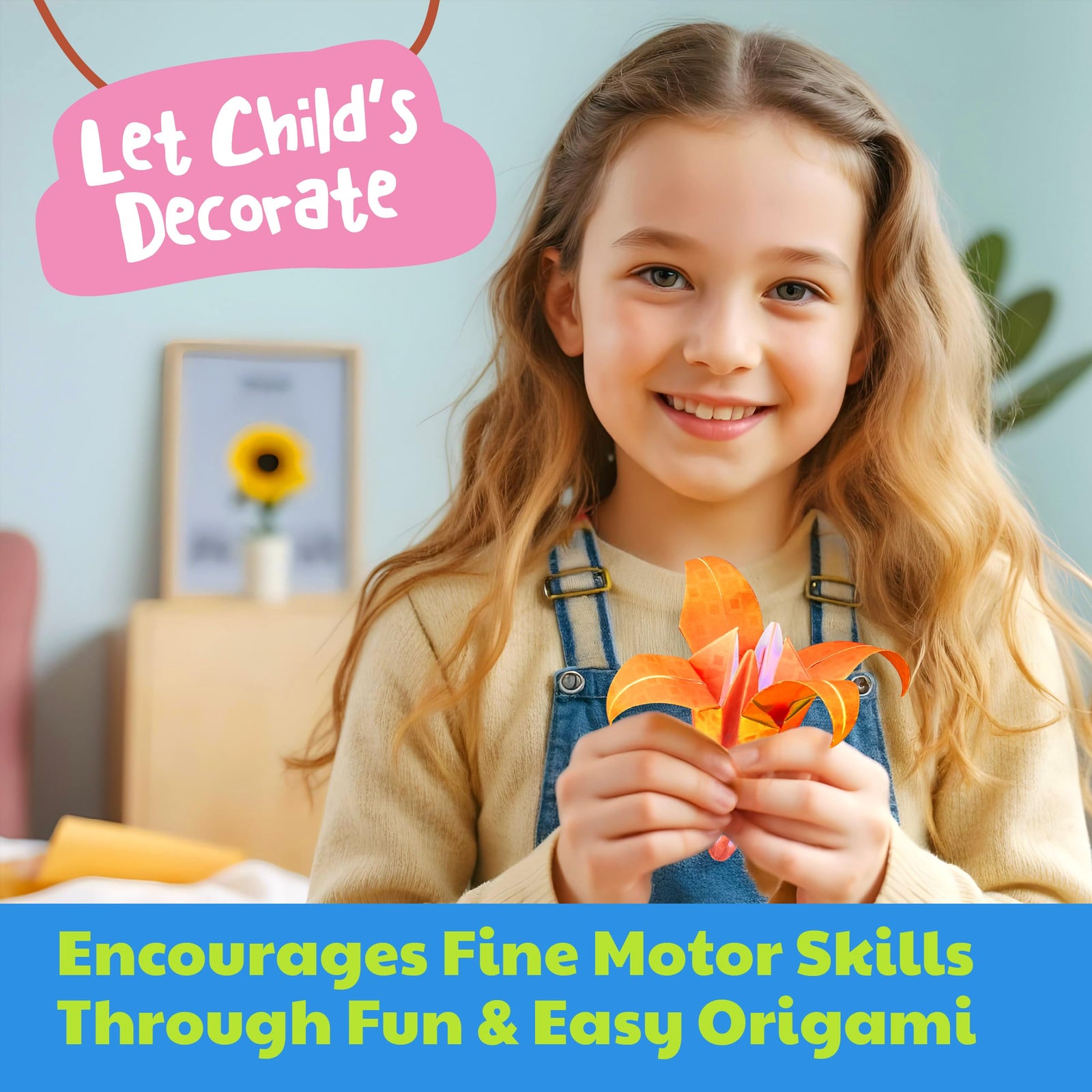 4M KidzMaker Origami Flower Lights Craft Kit – DIY Flower Paper Light String Art with 10 Color‑Changing LED Bulbs + 15 Origami Sheets,