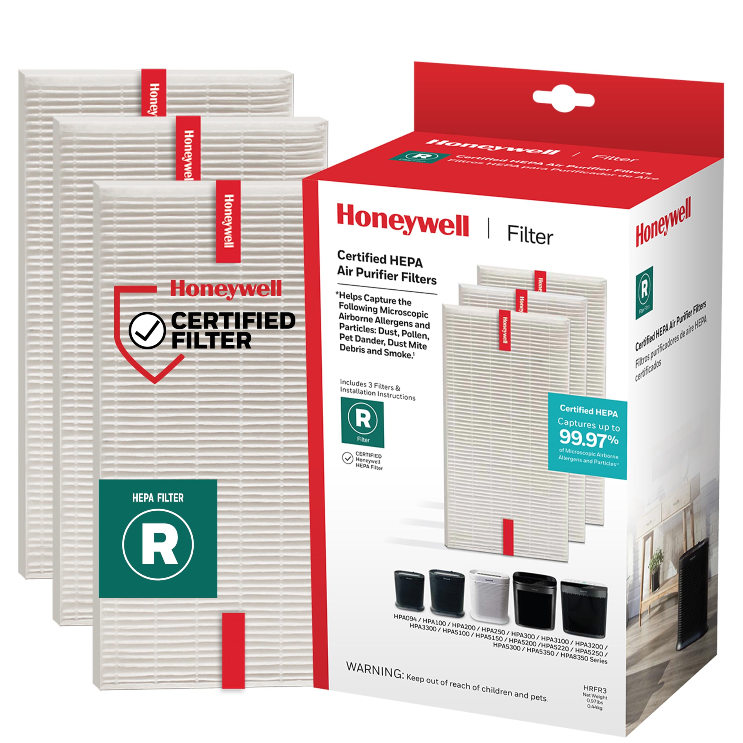 Honeywell HEPA Air Purifier Filter R, 3-Pack for HPA 100/200/300 and 5000 Series - Airborne Allergen Air Filter Targets Wildfire/Smoke, Pollen, Pet Dander, and Dust, White