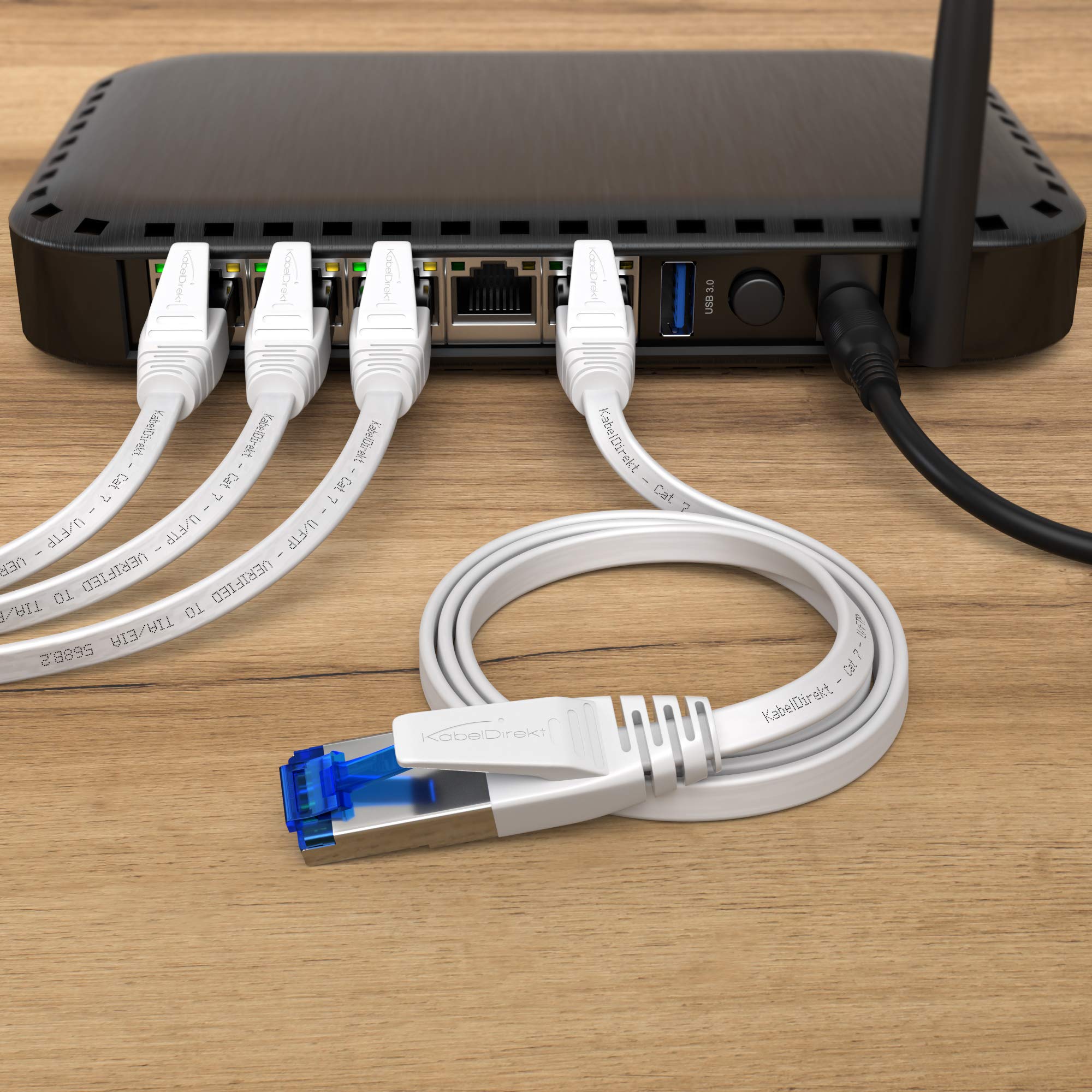 KabelDirekt - 1.5 متر - كابل إيثرنت / LAN / شبكة مسطح (Cat 7، 10 جيجابت في الثانية، موصل RJ45، مرن للغاية، مناسب للتثبيت الدائم، لأقصى سرعات الألياف الضوئية، أبيض)