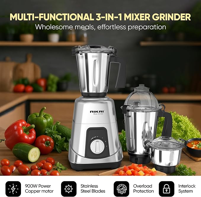 Nikai NB984A 3-in-1 Blender 900W 1.5L Stainless Steel Jars Silver - Have Scratches – Safqqa Egypt