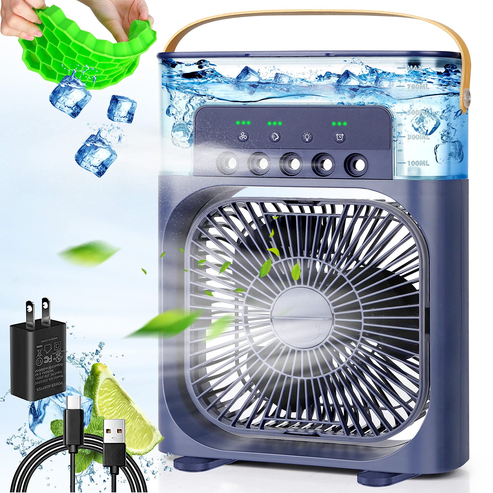 Portable Air Conditioner Fan,900ML Personal Air Conditioner with Ice Tray,5in1 Timming Evaporative Air Cooler,Cooling Fan with 7 Colors Light, 5 Sprays,3 Speeds,Ac Fan for Small Room,Office,Car,Camp