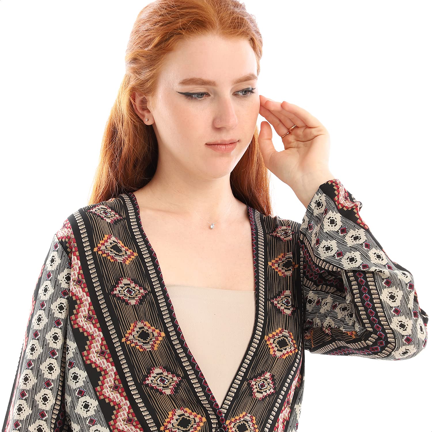 Andora Patterned Wide V-Neck Front Button Long Sleeves Blouse for Women