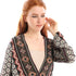 Andora Patterned Wide V-Neck Front Button Long Sleeves Blouses for Women