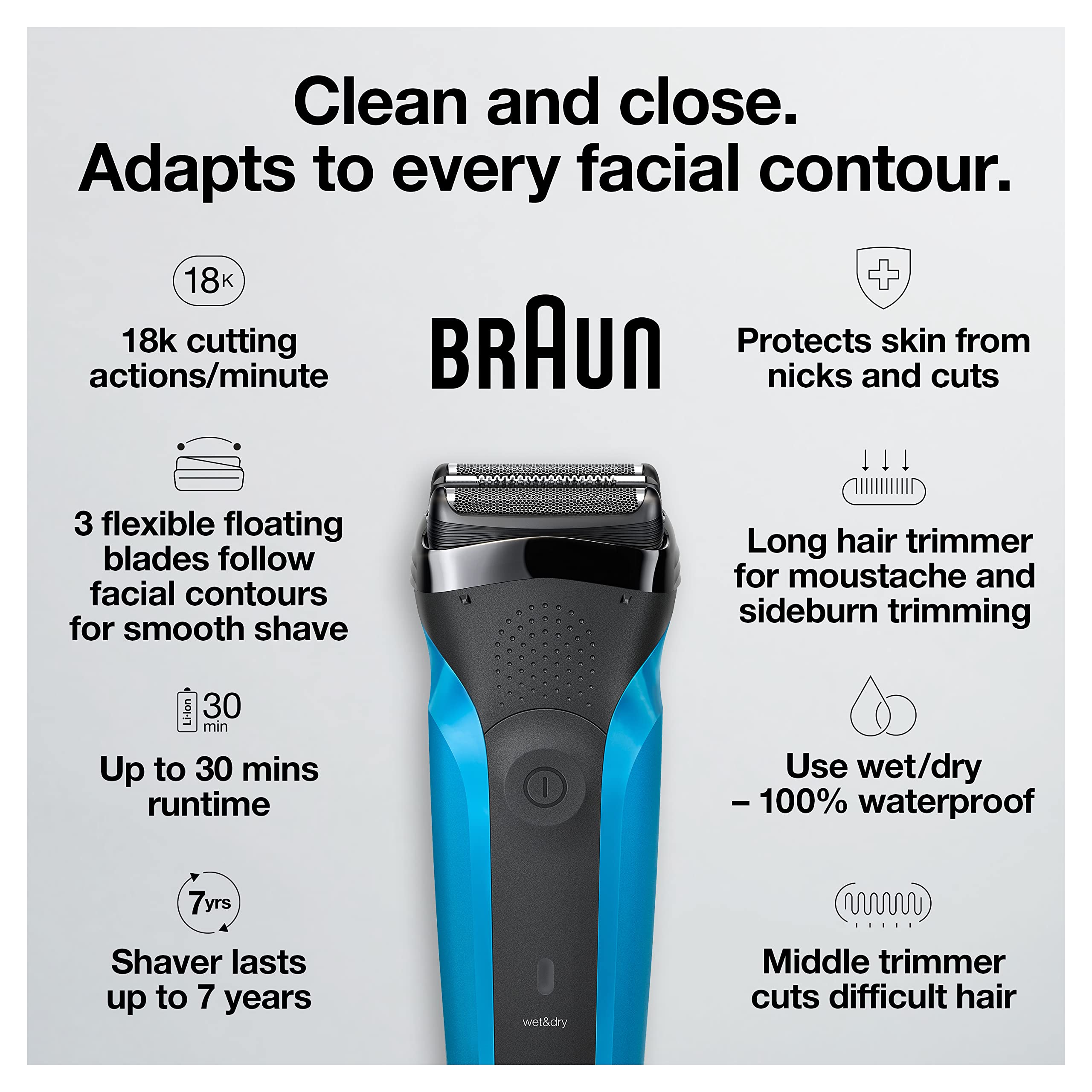 Braun Series 3 310s Wet & Dry Shaver with 3 Flexible Blades - Black/Blue Visit the Braun Store