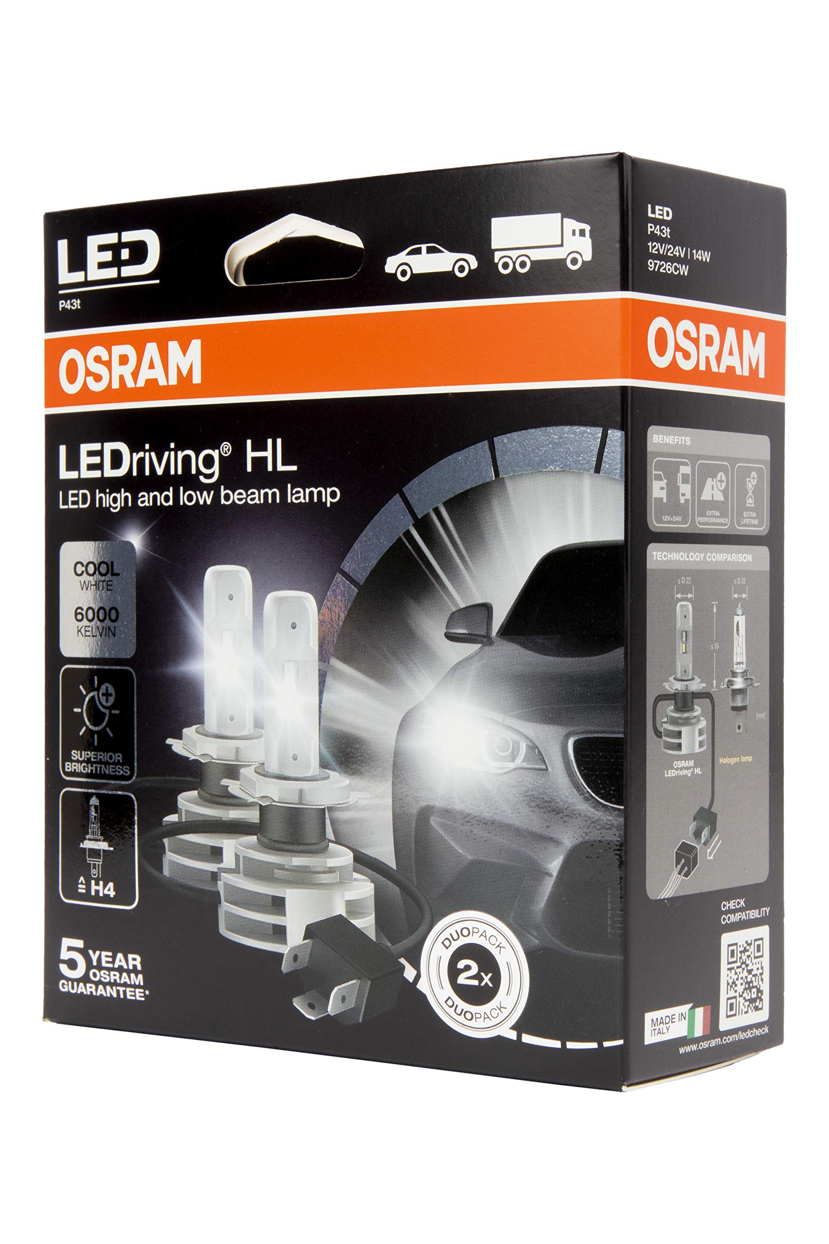 لمبات أمامية LED من أوزرام LEDriving HL Gen2 ≜H4 – إضاءة بيضاء 6000 كلفن، 12/24 فولت، للاستخدام خارج الطريق (عبوة من قطعتين)