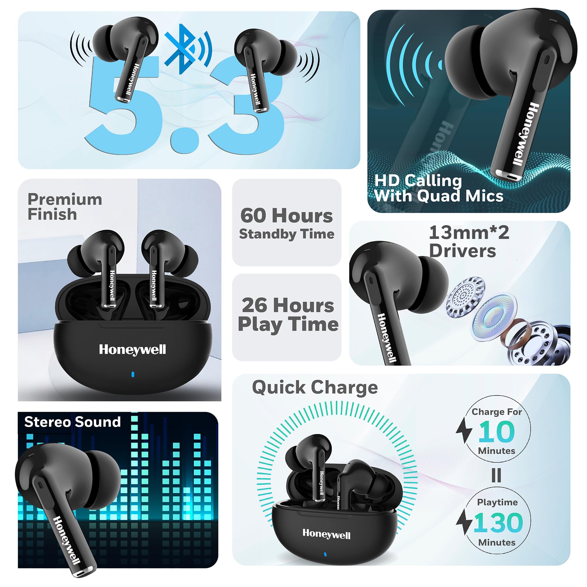 Honeywell Moxie V1200 True Wireless Bluetooth Earbuds – 26H Playtime, Type-C Fast Charging, IPX4 Water Resistant, Bluetooth 5.3, Touch Control, Voice Assistant – Black