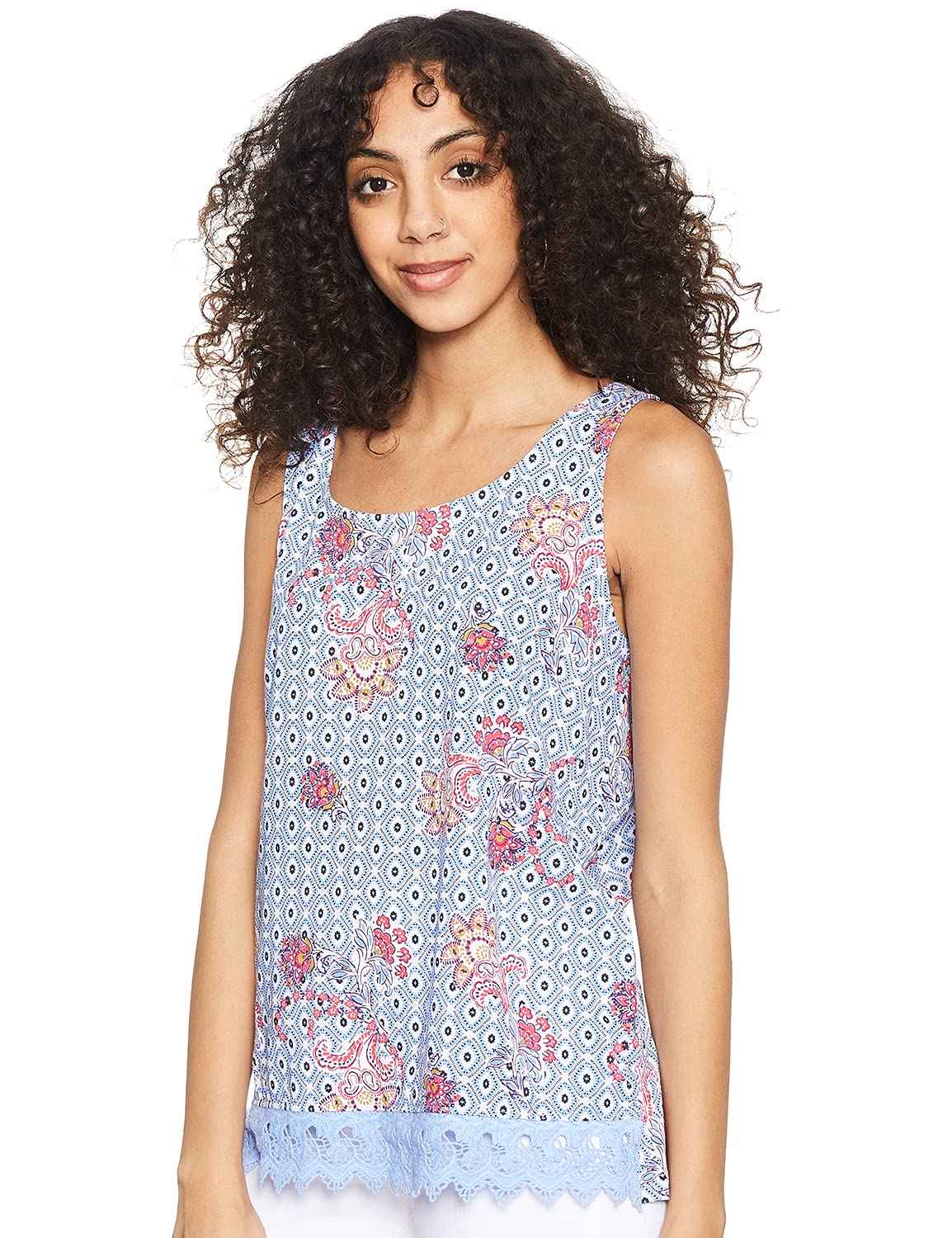 Matalan T-Shirts  for Women Patterned Lace Hem Sleeveless Scoop Neck Top