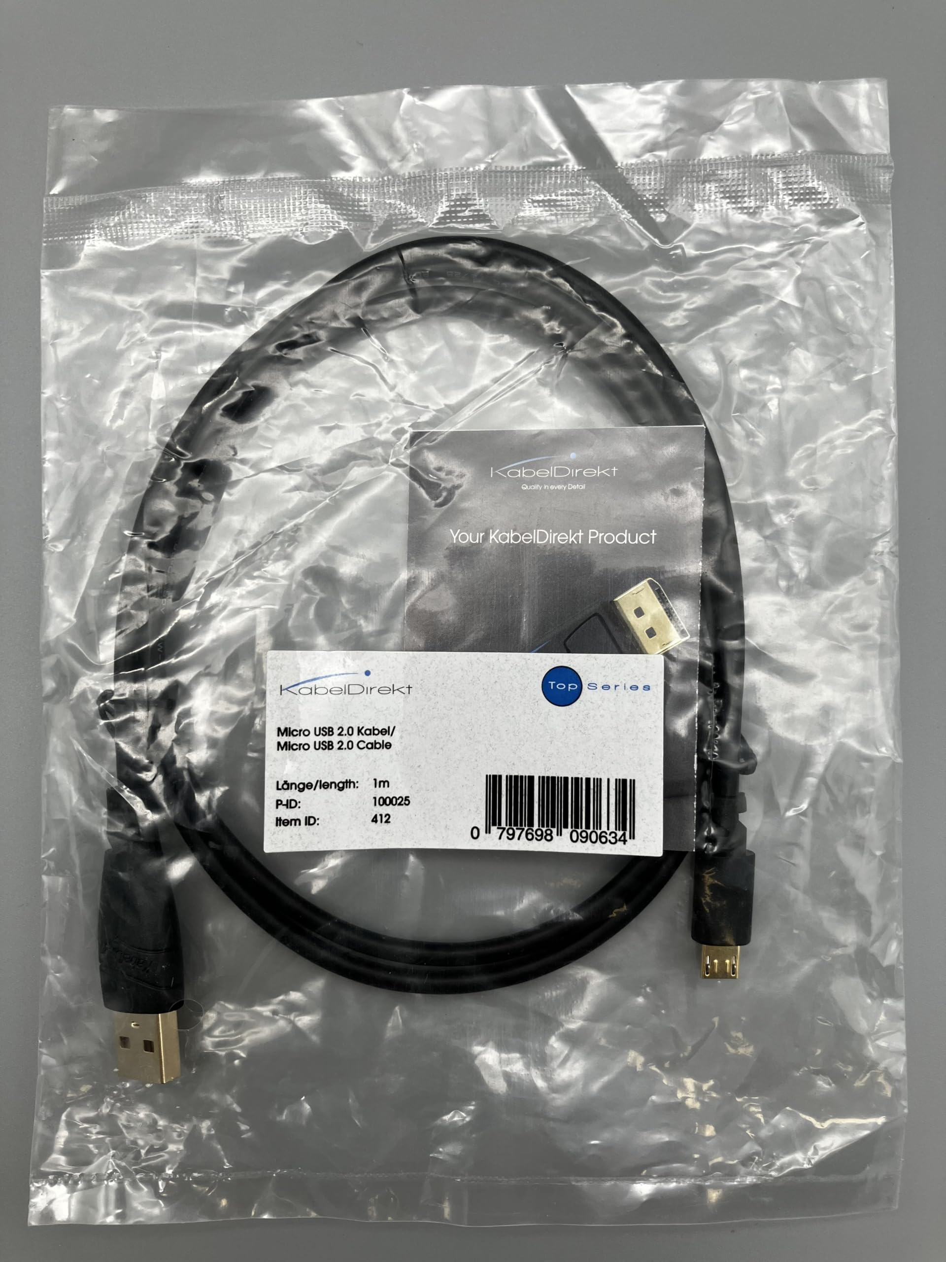 كابل Micro USB بطول 1 متر من KabelDirekt 845 (USB 2.0، كابل مزامنة وشحن) من السلسلة العلوية - عبوة من 5 قطع - أسود
