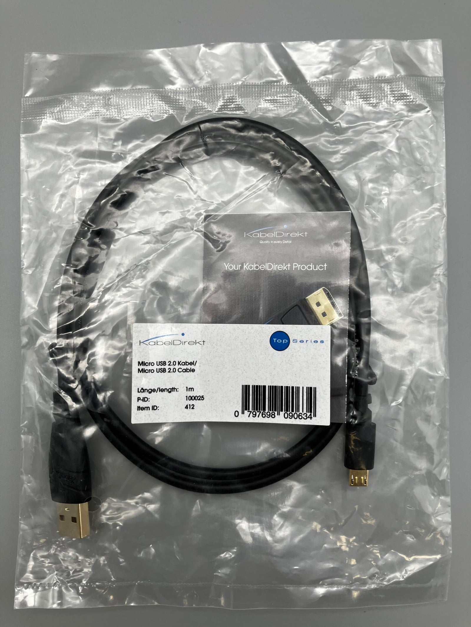 كابل Micro USB بطول 1 متر من KabelDirekt 845 (USB 2.0، كابل مزامنة وشحن) من السلسلة العلوية - عبوة من 5 قطع - أسود