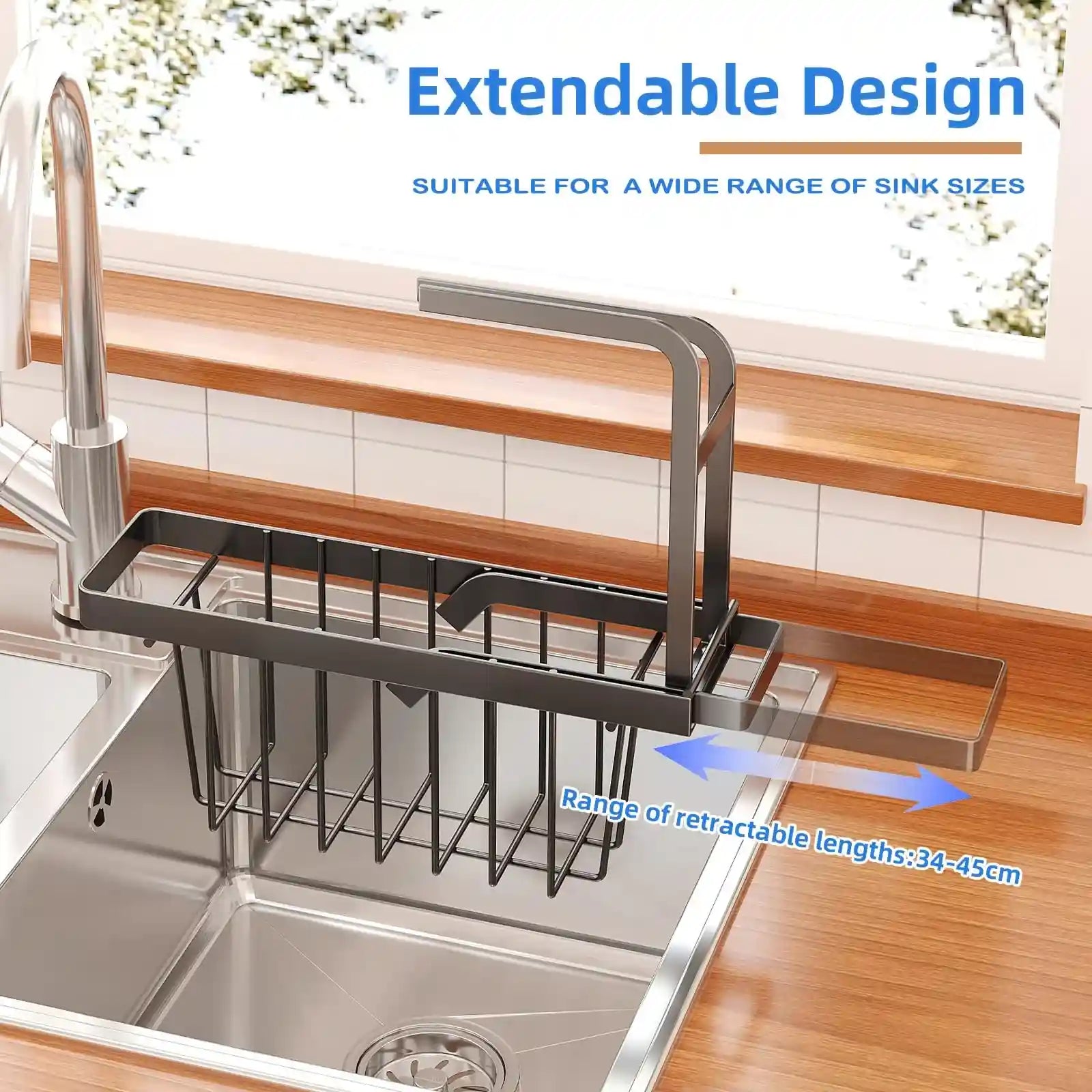 HOISIMDY Kitchen Sink Organiser Sink Caddy Expandable Sponge Holder Telescopic Sink Rack & Holder with Dishcloth Towel Rack