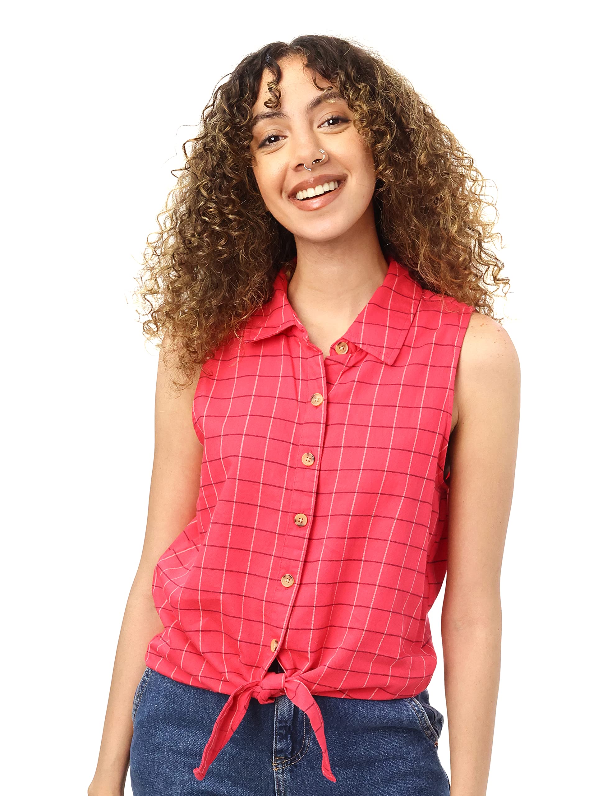 AEROPOSTALE Cotton Windowpane Plaid Front-Knot Sleeveless Blouses for Women