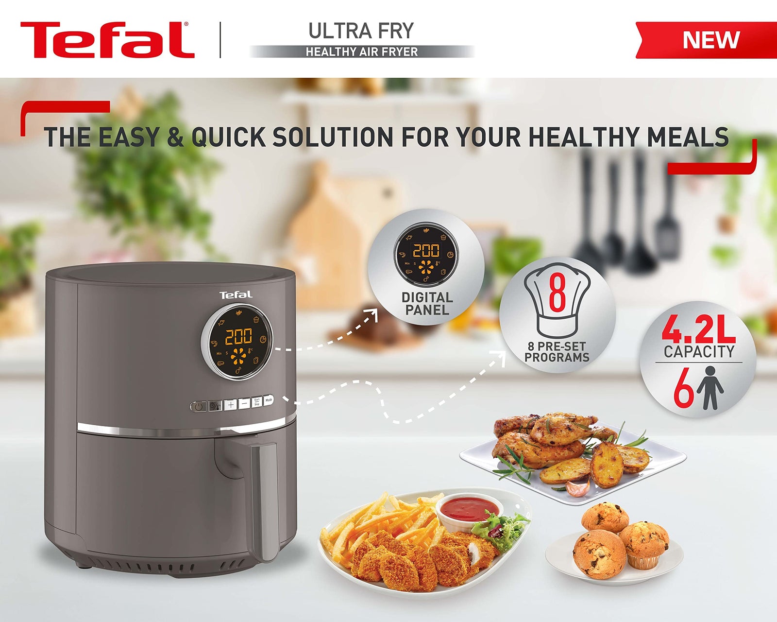 Tefal Ultra Fry Digital Air Fryer, 4.2 Liters, 8 Programs, Charcoal Grey - EY111B15