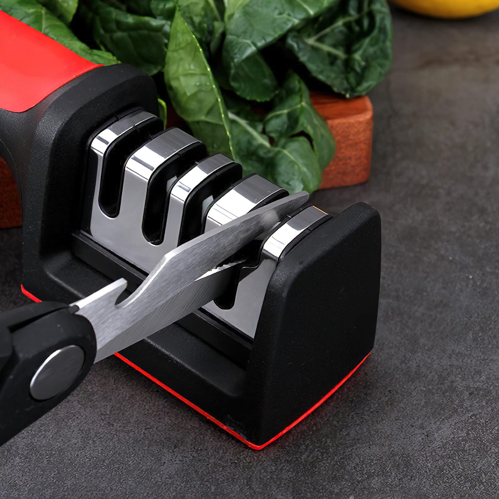 Generic Professional Knife Sharpener - Non-Slip Base, Fast Sharpening, 3 Stage Manual Sharpener for Kitchen Utensils (Red and Black)