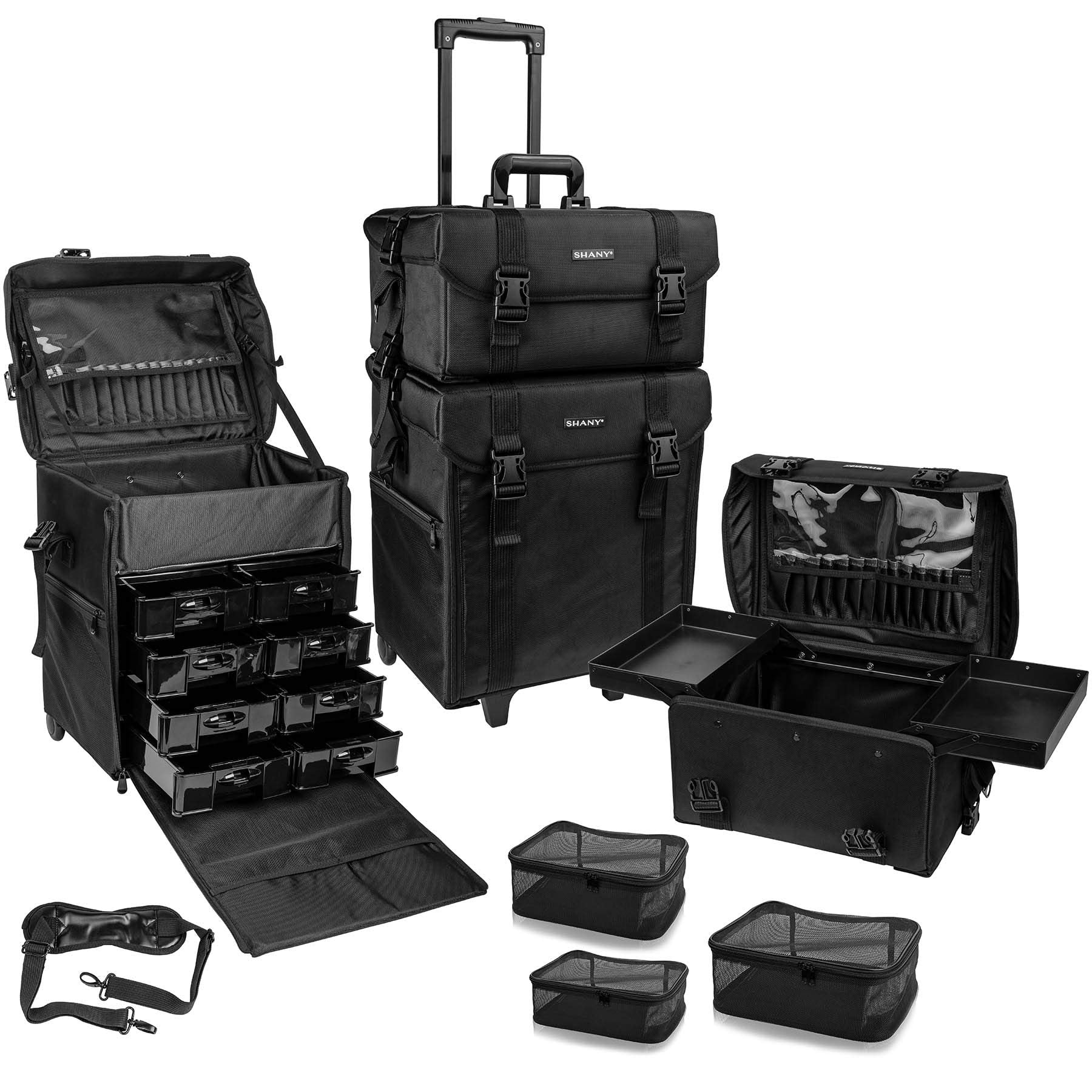 Shany Soft MakEUp Artist Rolling Trolley Cosmetic Case With Free Set Of Mesh Bags - Jet Black – Safqqa Egypt