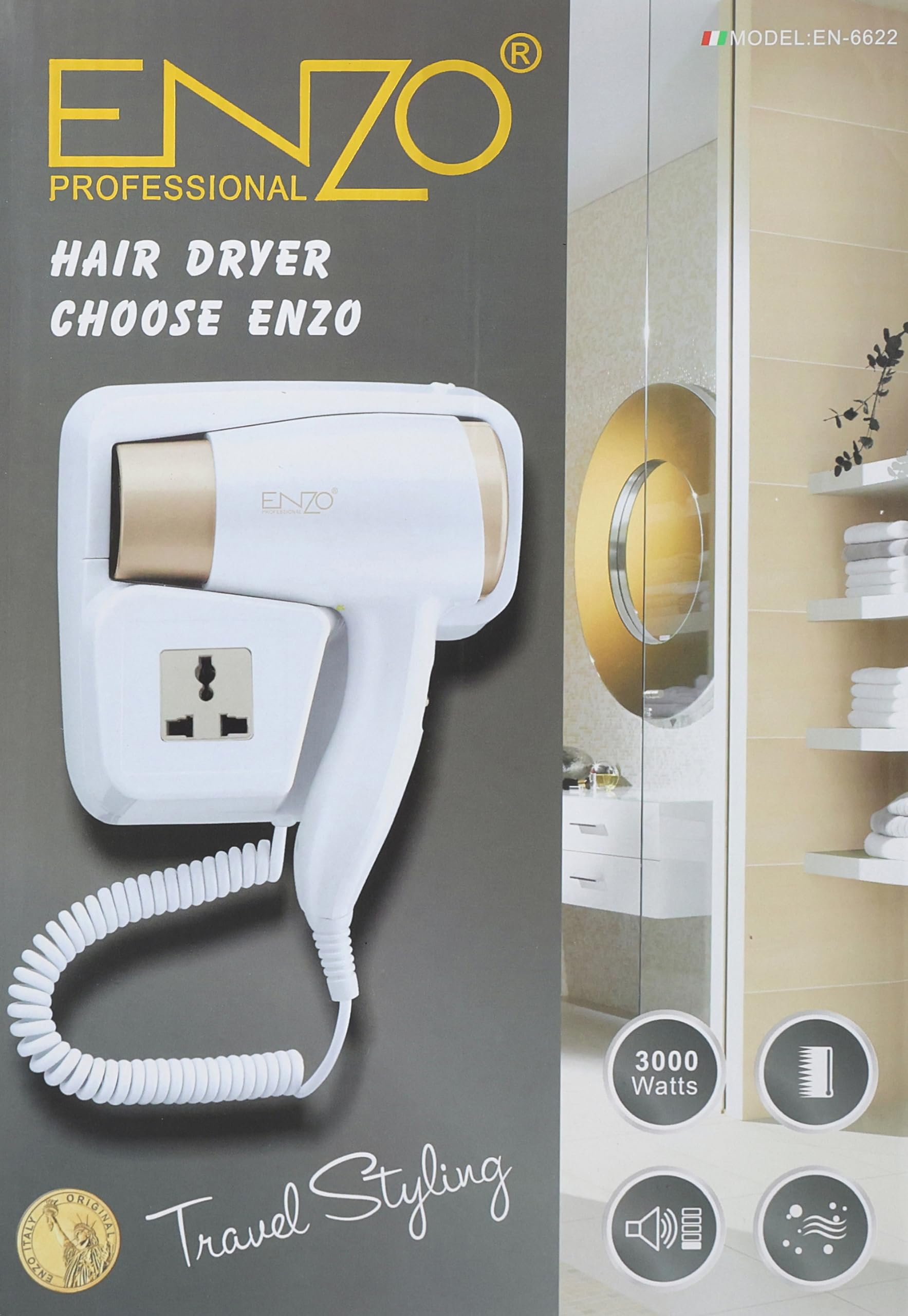 Enzo 3000 Watt Wall Mount Hair Dryer for Bathroom Hotel White * Gold EN-6622 - Safqqa Egypt