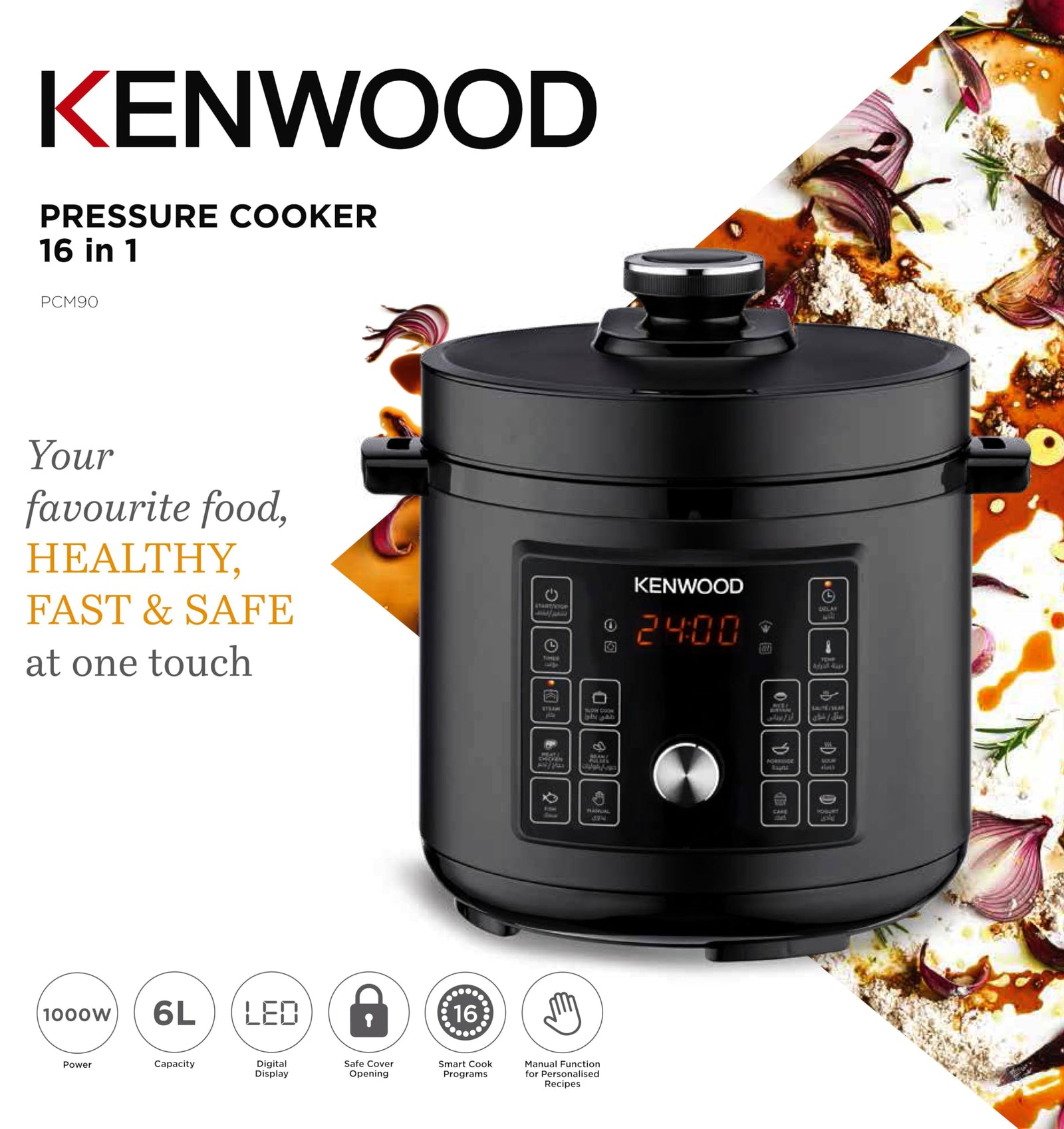 KENWOOD 16-In-1 Electric Pressure Cooker – 6L, 1000W Multifunctional Programmable Multicooker