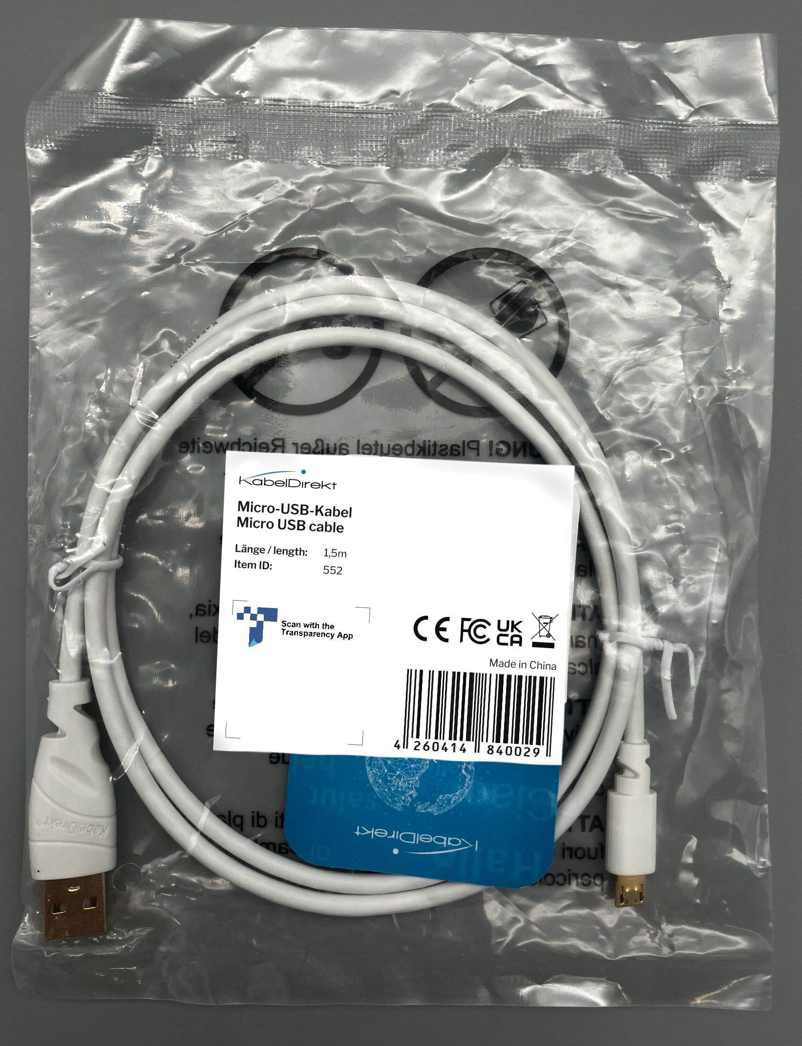 كابل KabelDirekt 552 بطول 1.5 متر Micro USB (كابل USB 2.0، مزامنة وشحن) سلسلة TOP أبيض