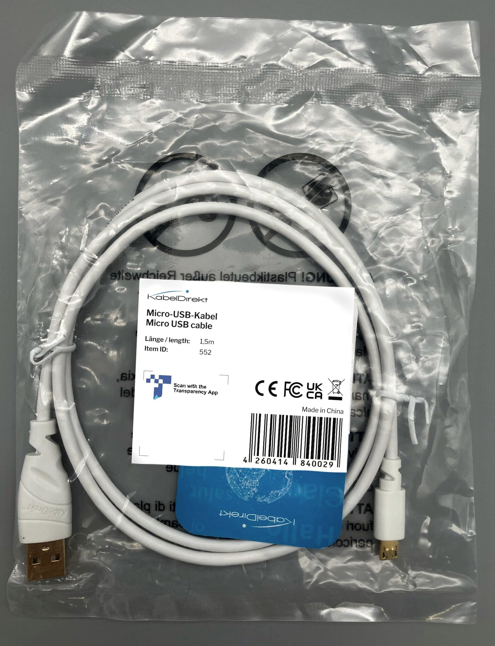 كابل KabelDirekt 552 بطول 1.5 متر Micro USB (كابل USB 2.0، مزامنة وشحن) سلسلة TOP أبيض