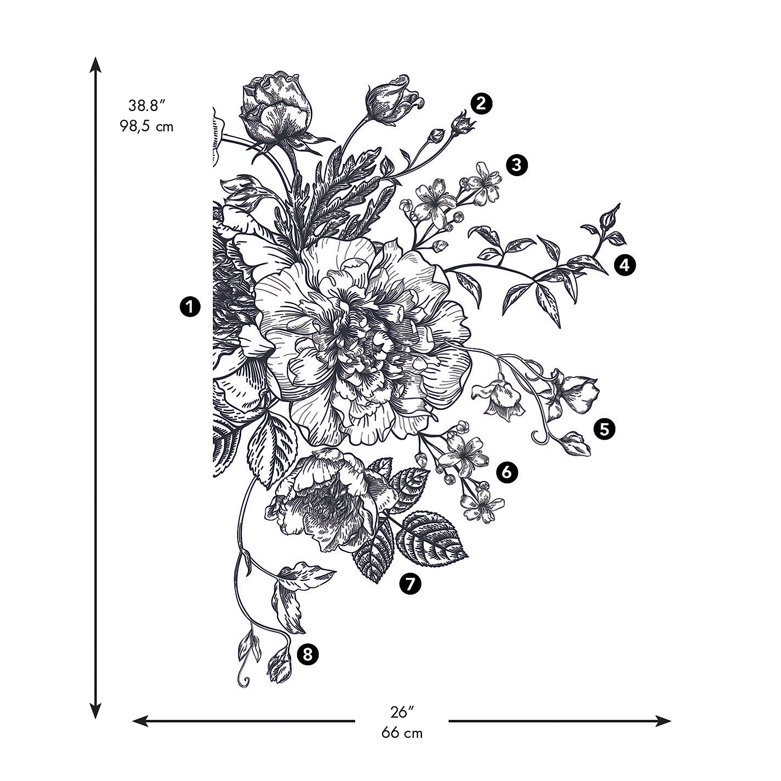 ملصقات الجدران العملاقة القابلة للإزالة من روم ميتس (RoomMates RMK3865GM) بتصميم الفاونيا الأسود والأبيض. تتميز هذه الملصقات بتصميم أزهار فاونيا كبيرة باللونين الأسود والأبيض 