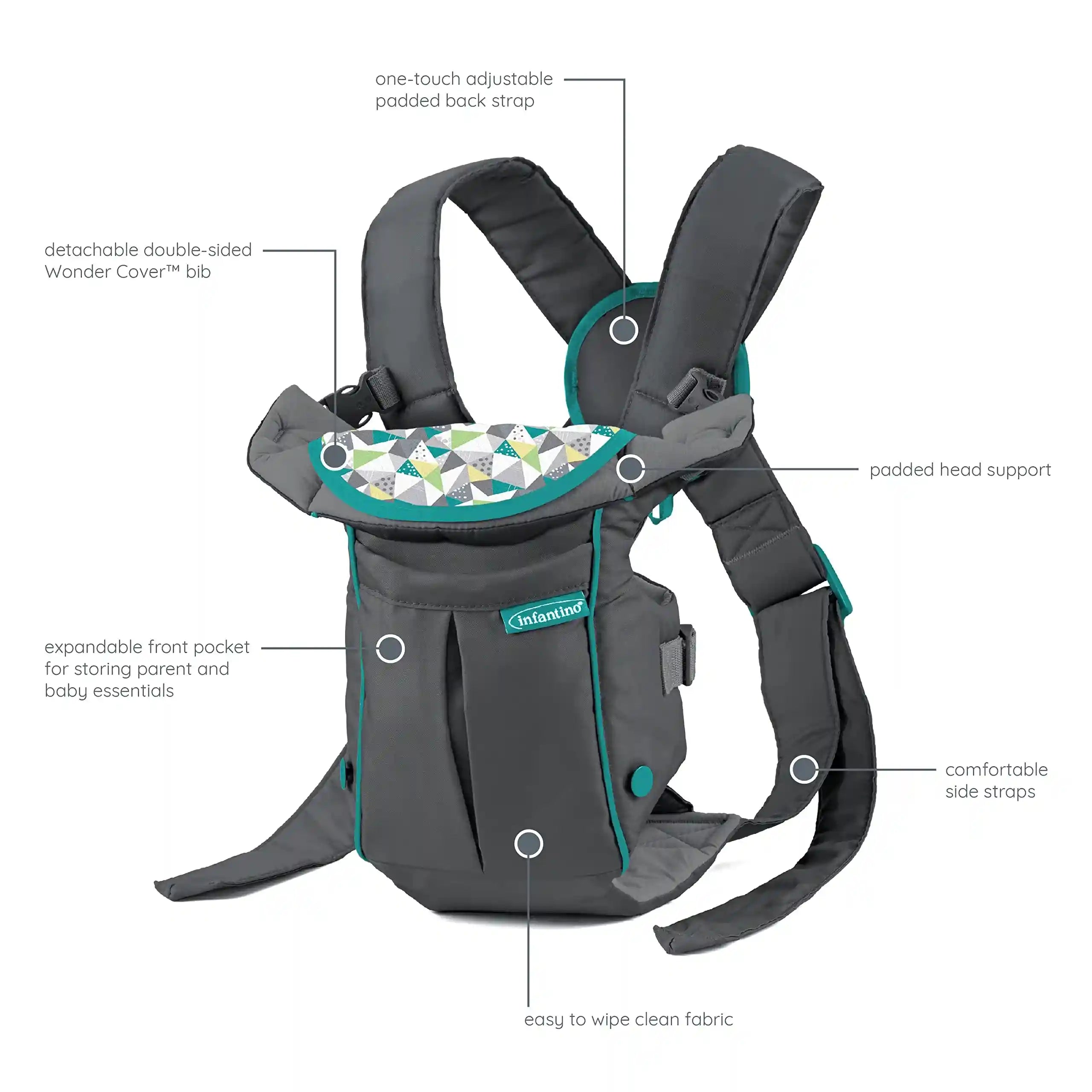 Infantino Classic Carrier with Pocket - 2 Ways to Carry Grey_Carrier with Wonder Bib & Essentials Storage Front Pocket, Adjustable Back Strap, Inward & Outward Facing, Easy Clean Material