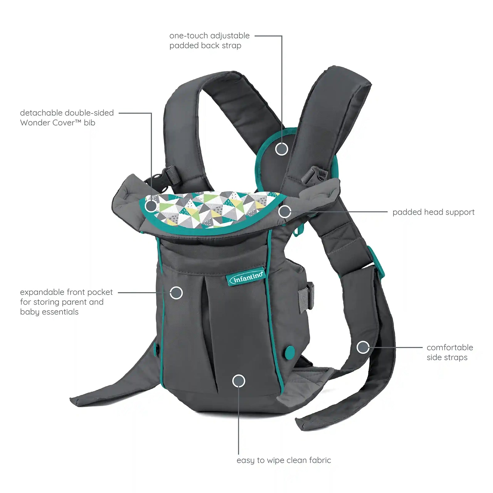 Infantino Classic Carrier with Pocket - 2 Ways to Carry Grey_Carrier with Wonder Bib & Essentials Storage Front Pocket, Adjustable Back Strap, Inward & Outward Facing, Easy Clean Material