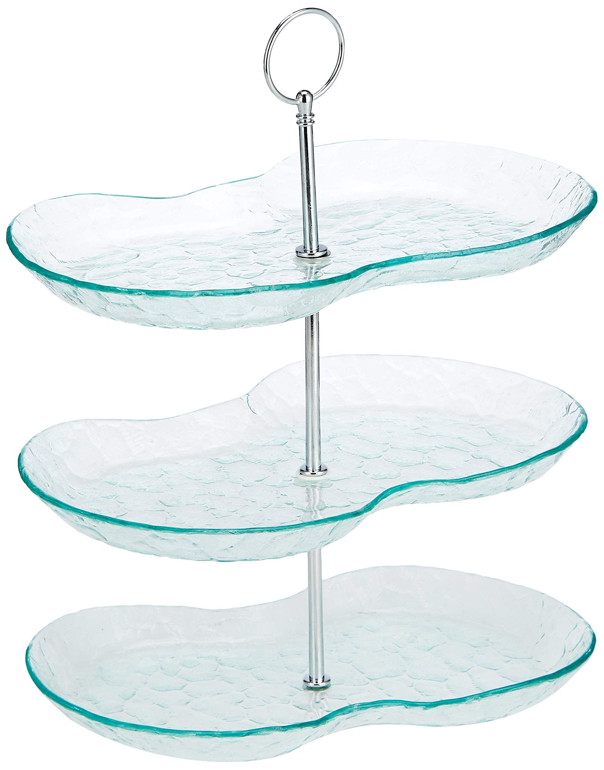 صينية تقديم مكونة من ثلاث طبقات من Harmony مصممة لتقديم الحلويات، الفواكه، الوجبات الخفيفة، أو المقبلات بطريقة أنيقة. مصنوعة من الزجاج الشفاف مع مقبض فضي متين