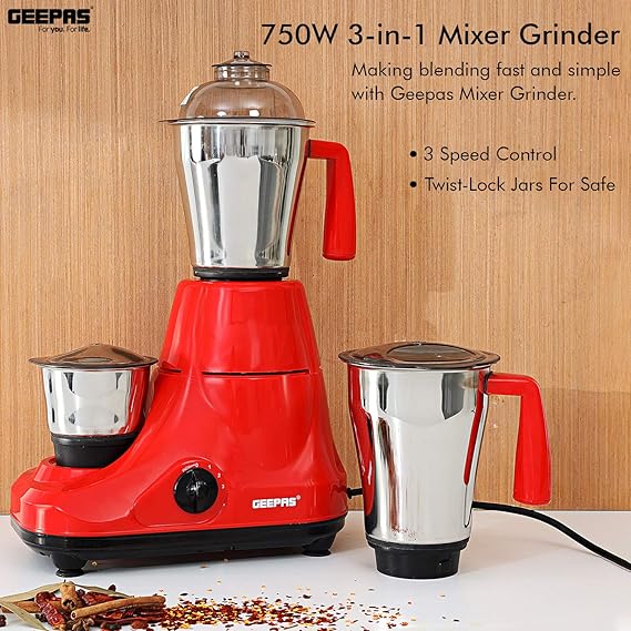 TMBBAINU 750W 3-in-1 Mixer Grinder – Powerful Motor, Stainless Steel Jars & Blades, 3-Speed Control, Overload Protection – Ideal for Chutney, Dry & Wet Grinding (Minor Scratch)