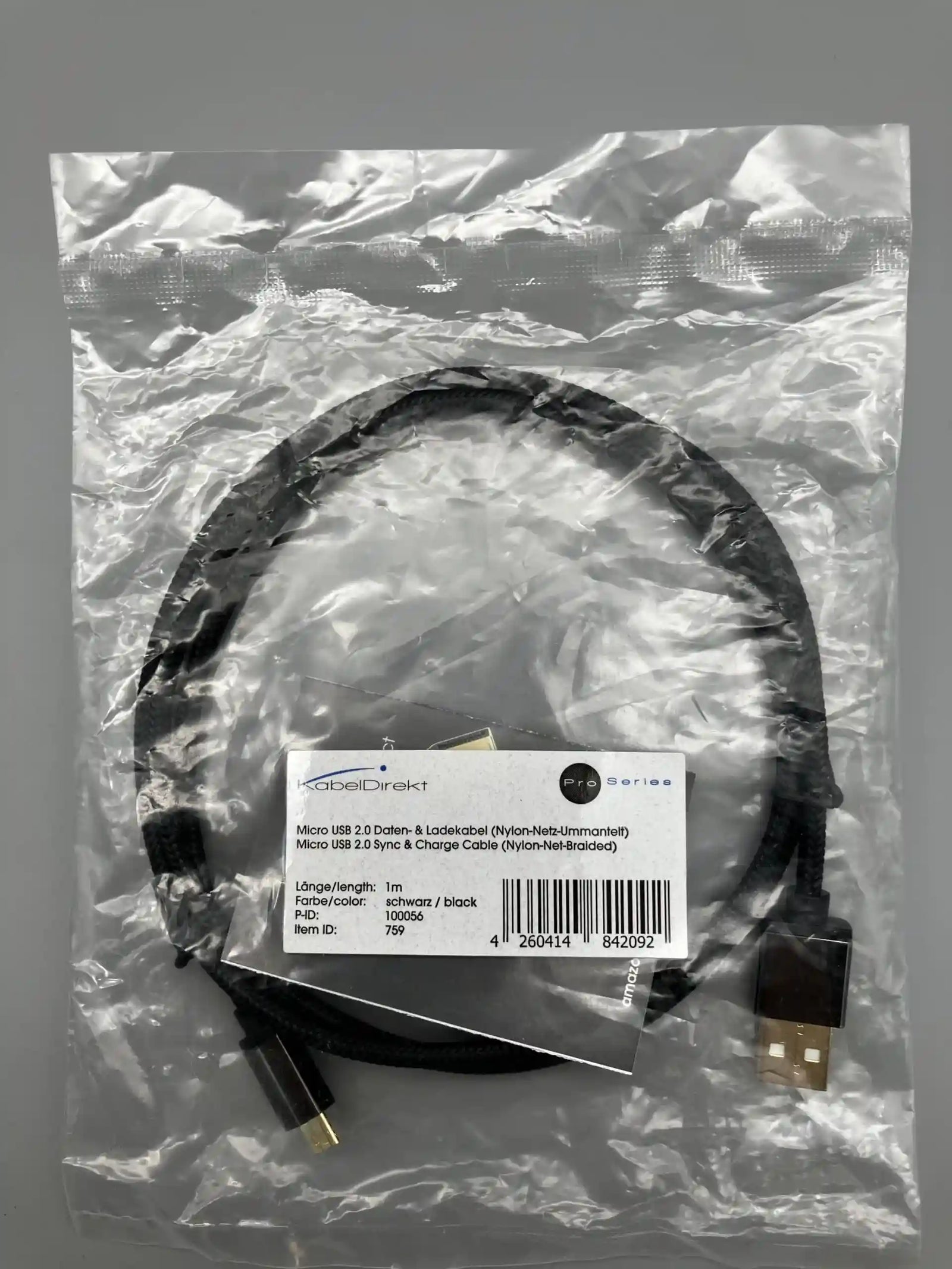 كابل KabelDirekt – كابل Micro USB بطول 1 متر (كابل شحن/نقل بيانات، USB 2.0 وأجهزة Micro USB)، نايلون أسود – سلسلة PRO.